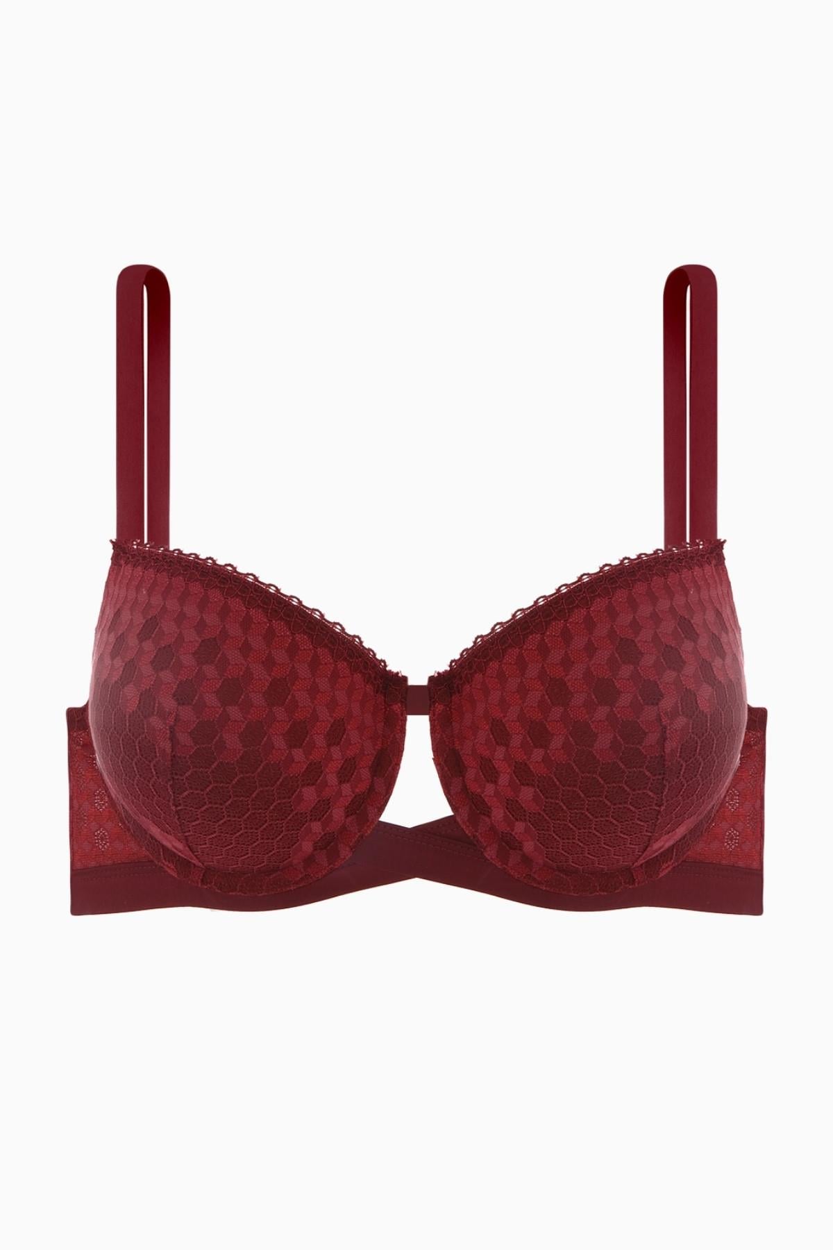 Fashion 2511 Bordo Çapraz Lastik Detaylı Dantelli Dolgusuz Dekolte Sütyen