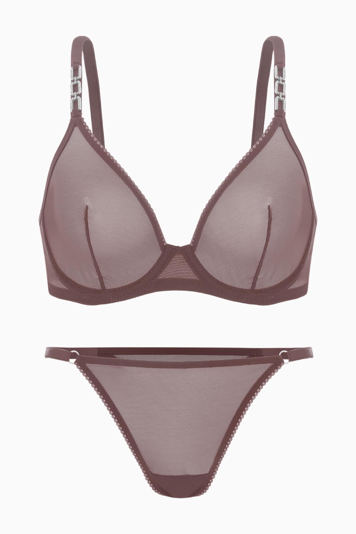 Fashion 2565 Bronz Kahve Tül Aksesuar Detaylı Kapsız Sütyen Ve Külot Takımı