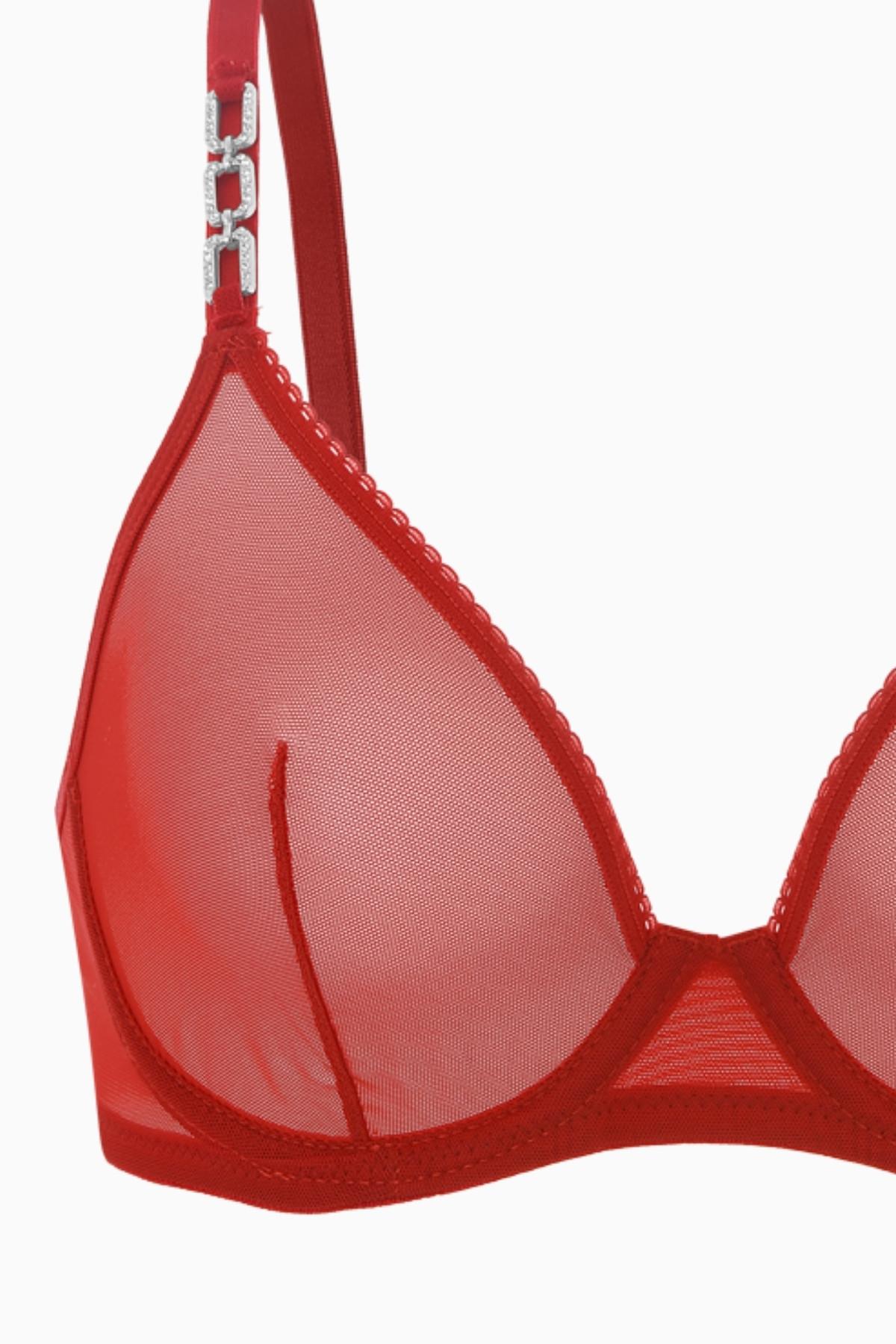 Zincir Detaylı Tül Sütyen Külot Takım - Kapsız - Fashion - 2565 - Kırmızı
