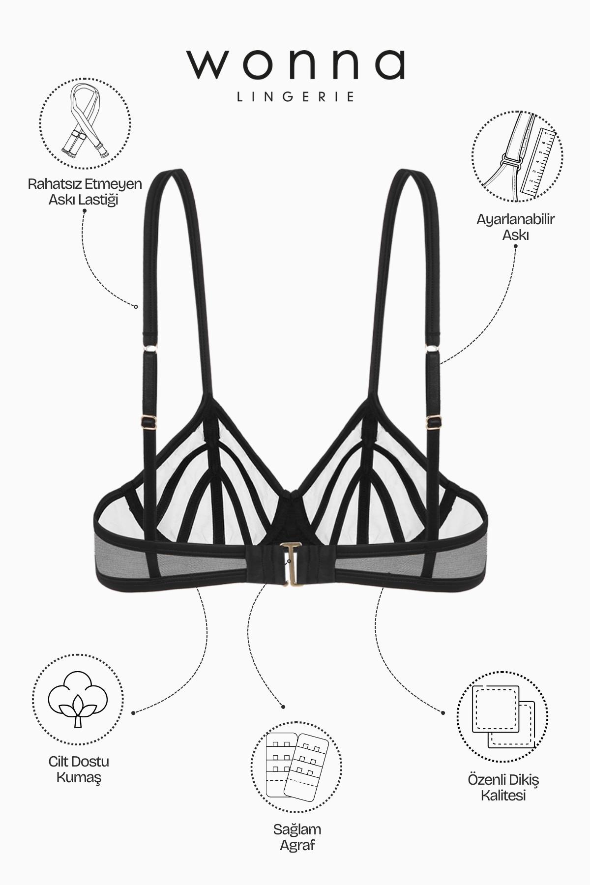Saten Biyeli Tül Sütyen Tanga Takım - Kapsız - Fashion - 2566 - Siyah
