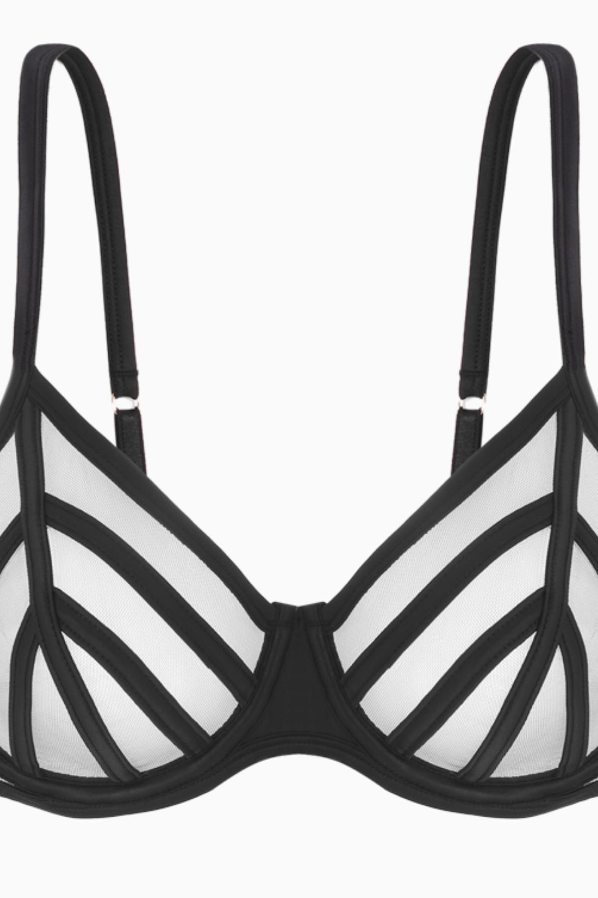 Saten Biyeli Tül Sütyen Tanga Takım - Kapsız - Fashion - 2566 - Siyah