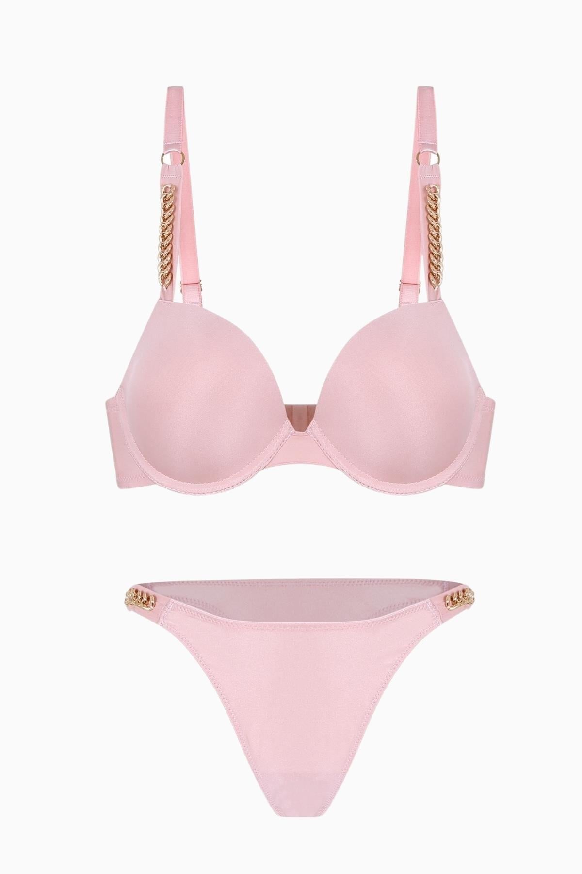 Fashion 2571 Lirio Zincir Aksesuar Detaylı Dolgulu Mikro Sütyen Takım Pembe