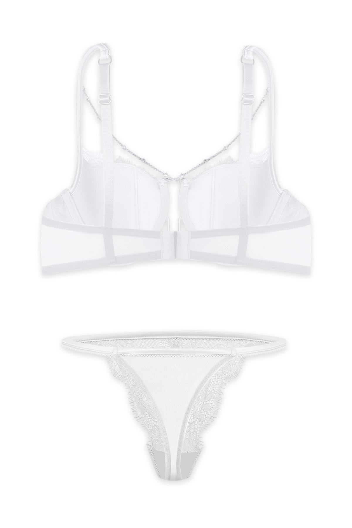 Tak-Çıkar Aksesuarlı Dantel Dekolte Sütyen Külot Takım - Pedli - Fashion - 2577 - Ekru