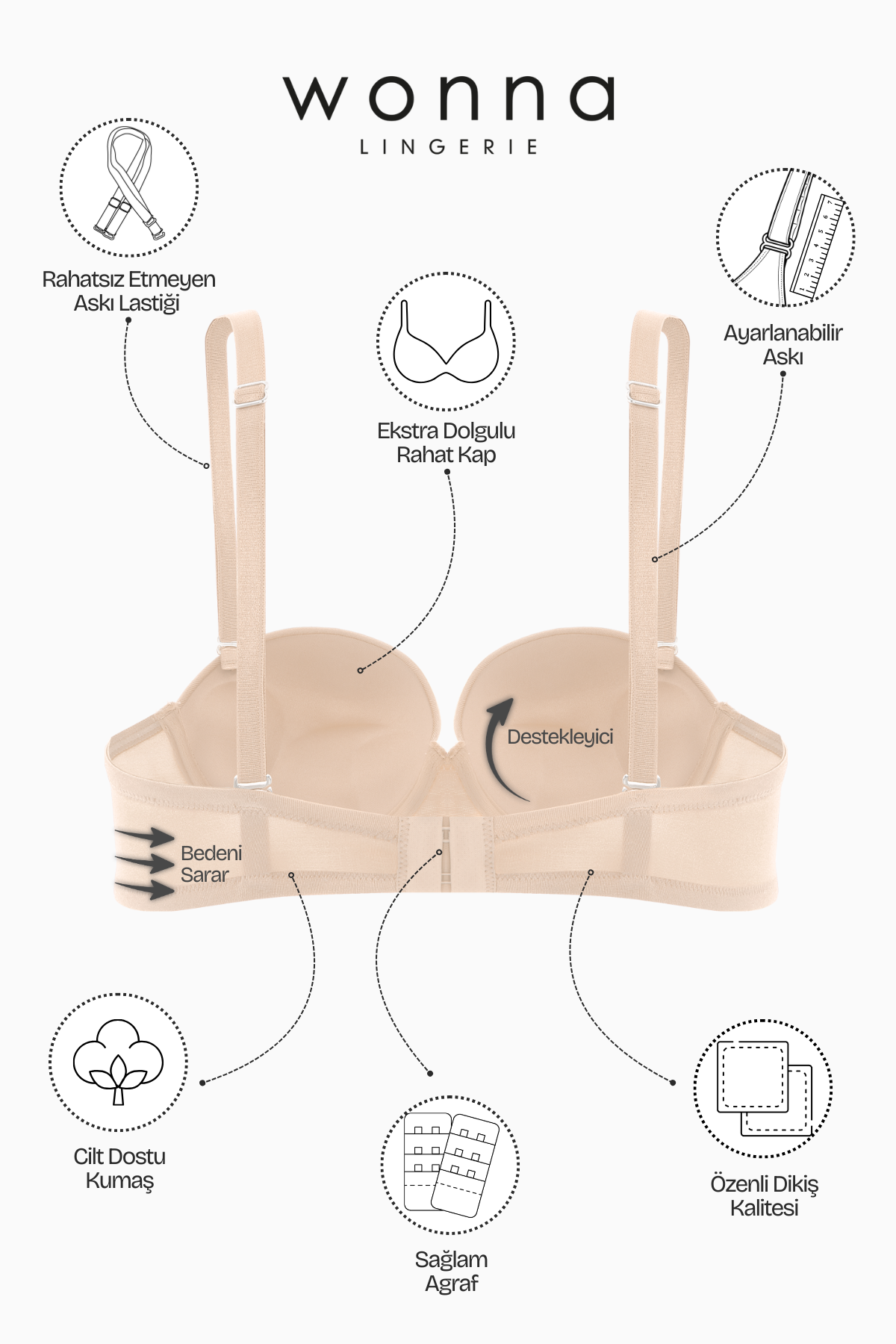 Olympos Straplez Mikro Sütyen - Double Push Up, Ekstra Dolgulu - Basic - 2536 - Ten