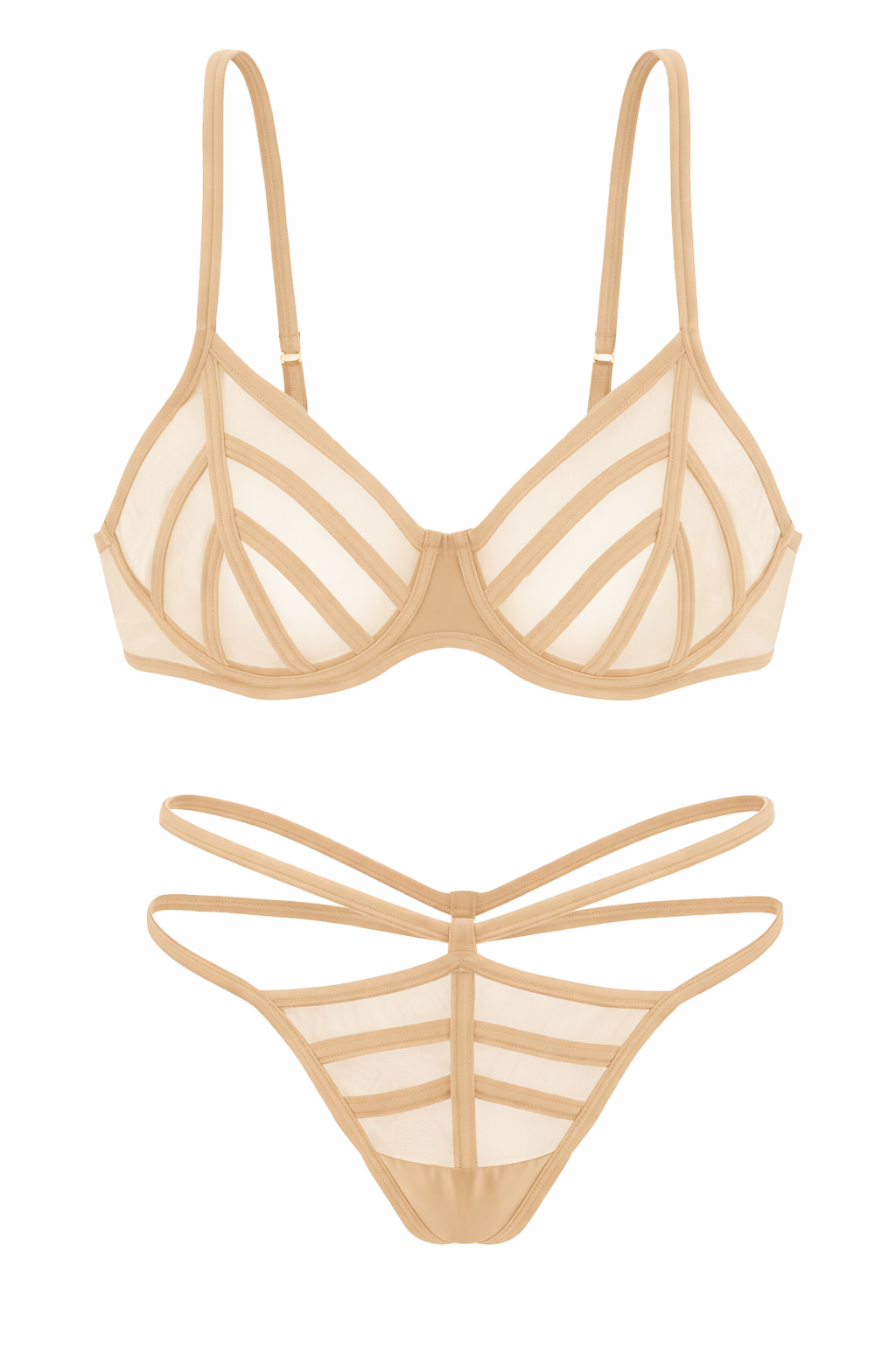 Saten Biyeli Tül Sütyen Tanga Takım - Kapsız - Fashion - 2566 - Ten