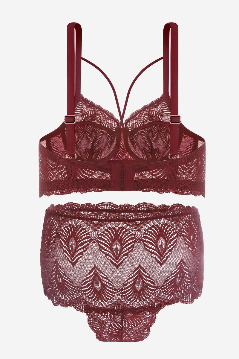 Şerit Detaylı Dantelli Toparlayıcı Sütyen ve Külot Takım - Kapsız - 2316 - Bordo