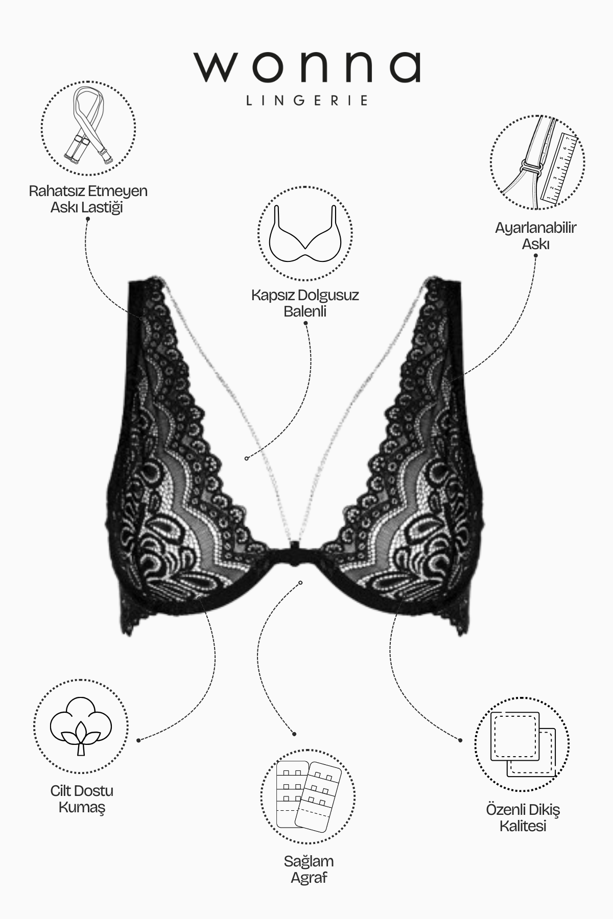 Zincir Detaylı Dantelli İç Çamaşır Takım - Kapsız - Fashion - 4015 - Siyah