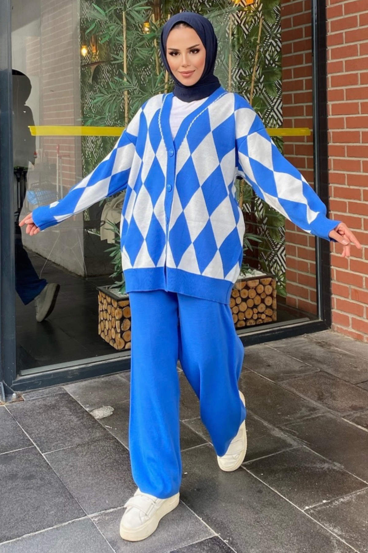 Baklava Desen Triko Takım Mavi