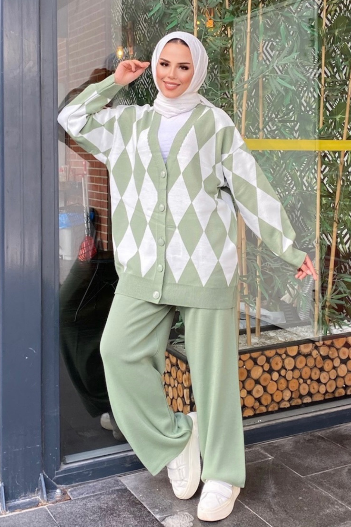 Baklava Desen Triko Takım Mint