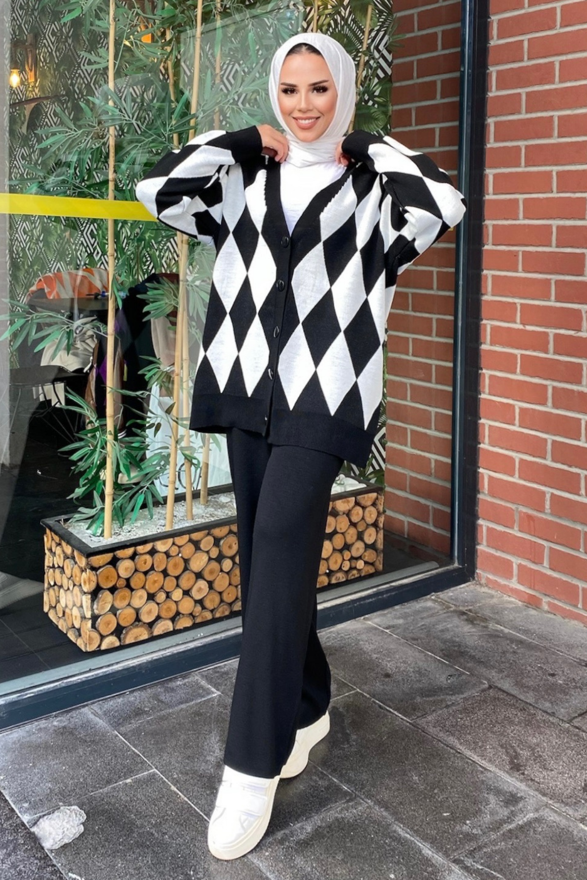 Baklava Desen Triko Takım Siyah