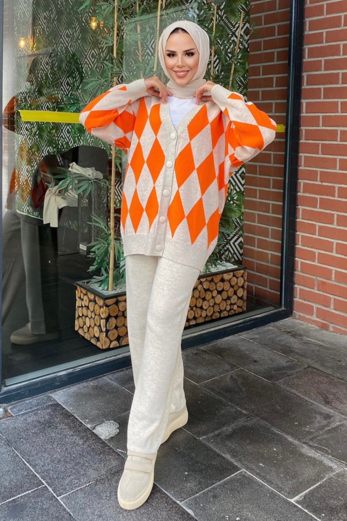 Baklava Desen Triko Takım Turuncu