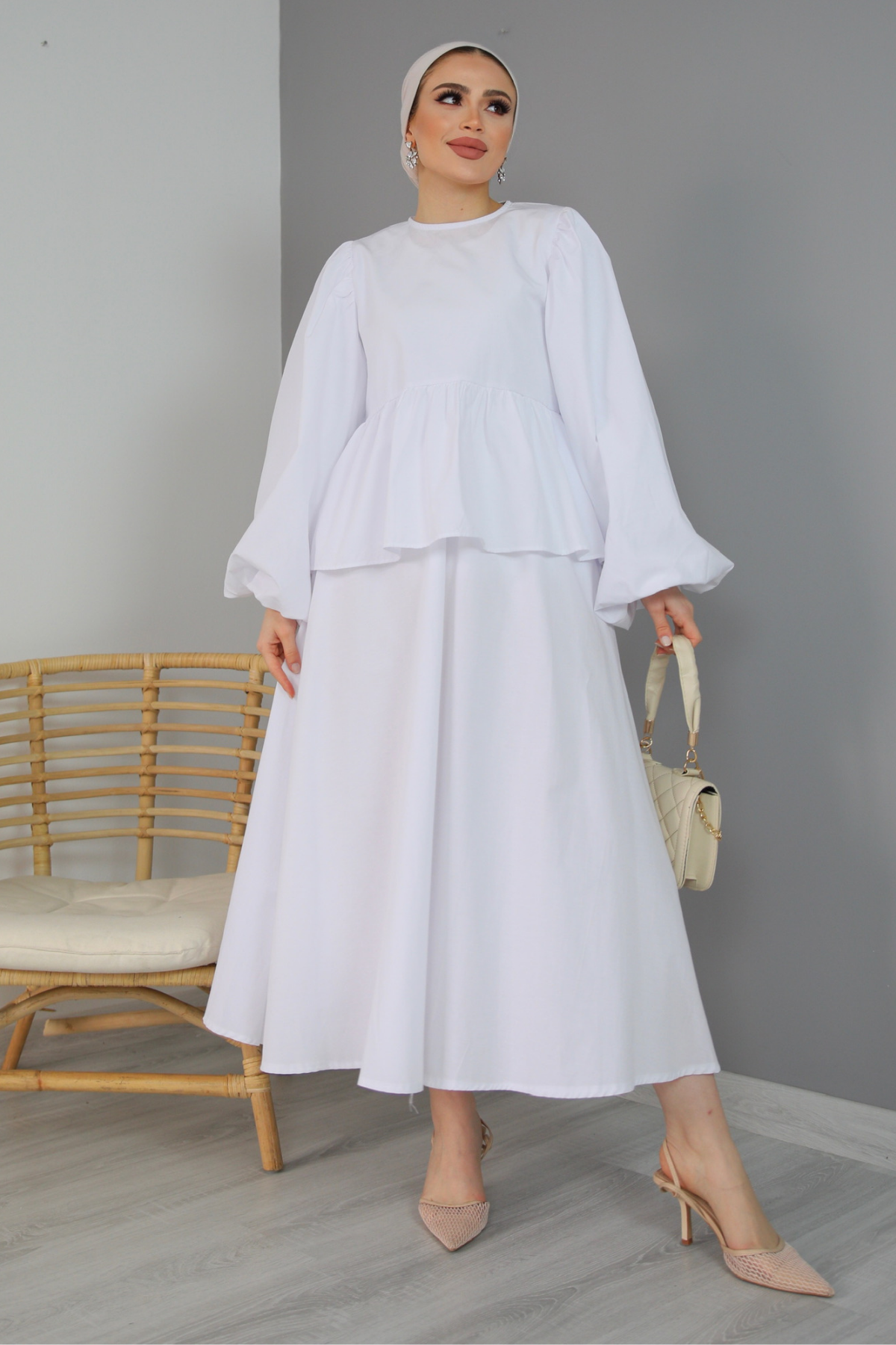 Balon Kol Poplin Etek Takım BEYAZ