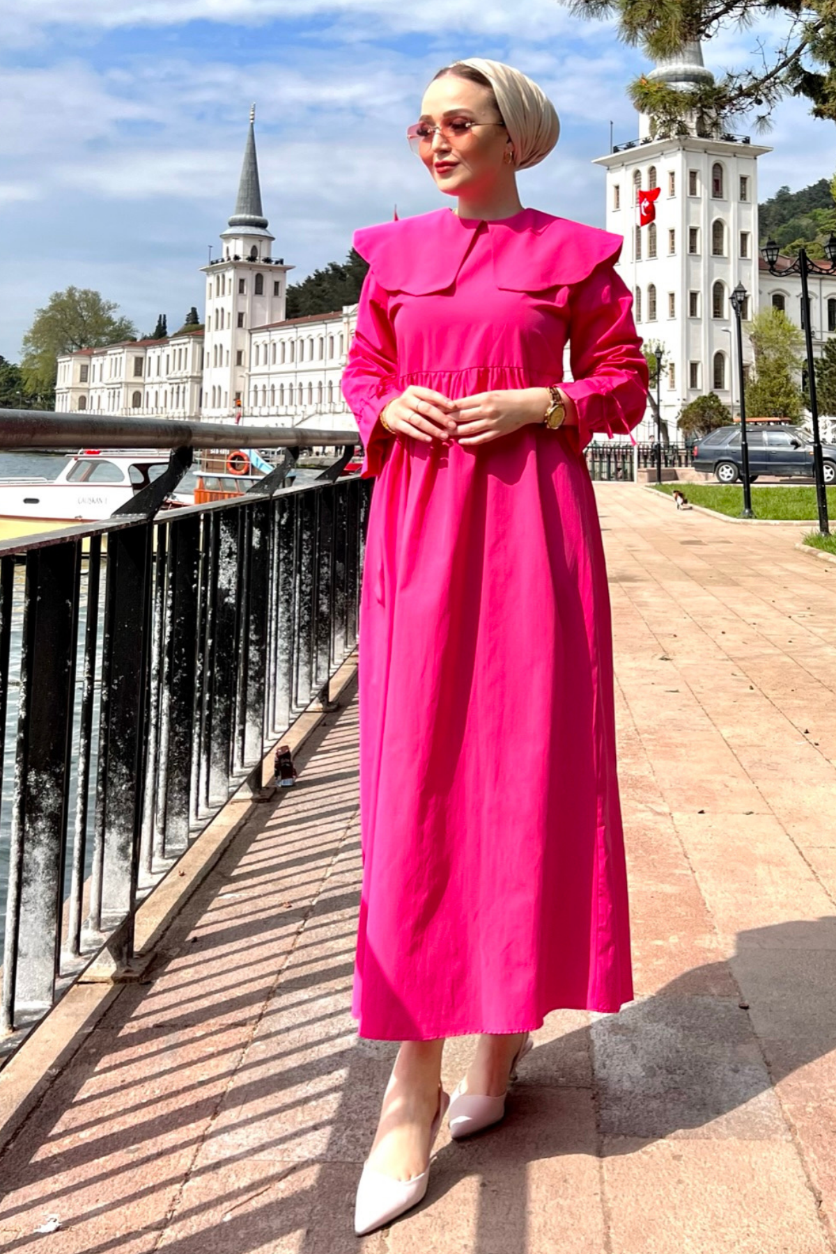 Bebe Yaka Kol Sıkmalı Poplin Elbise PEMBE