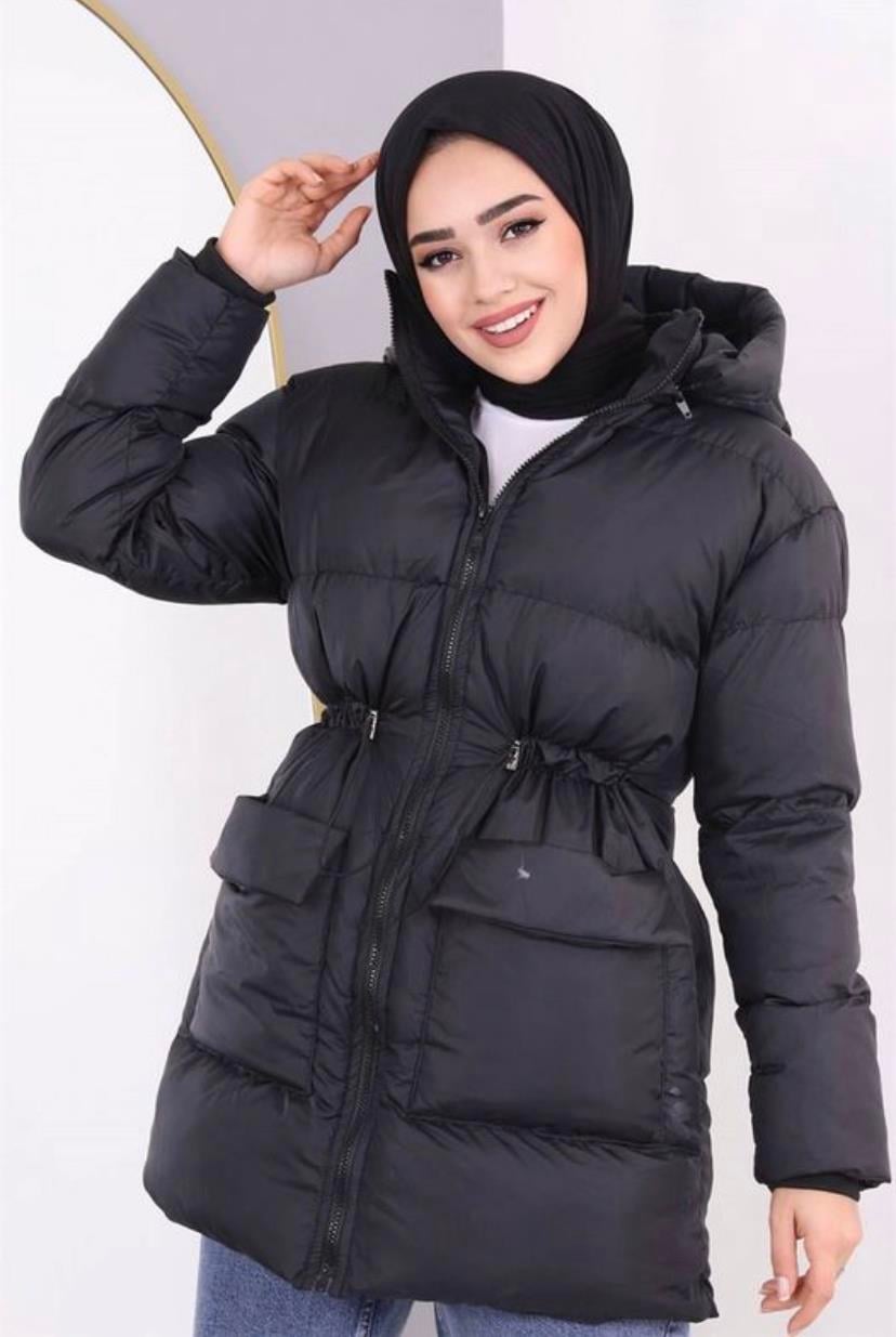 Beli Büzgülü Mont Siyah