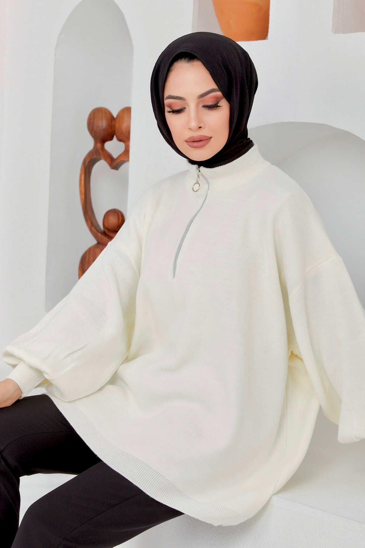 Fermuarlı Balon Kol Kazak EKRU