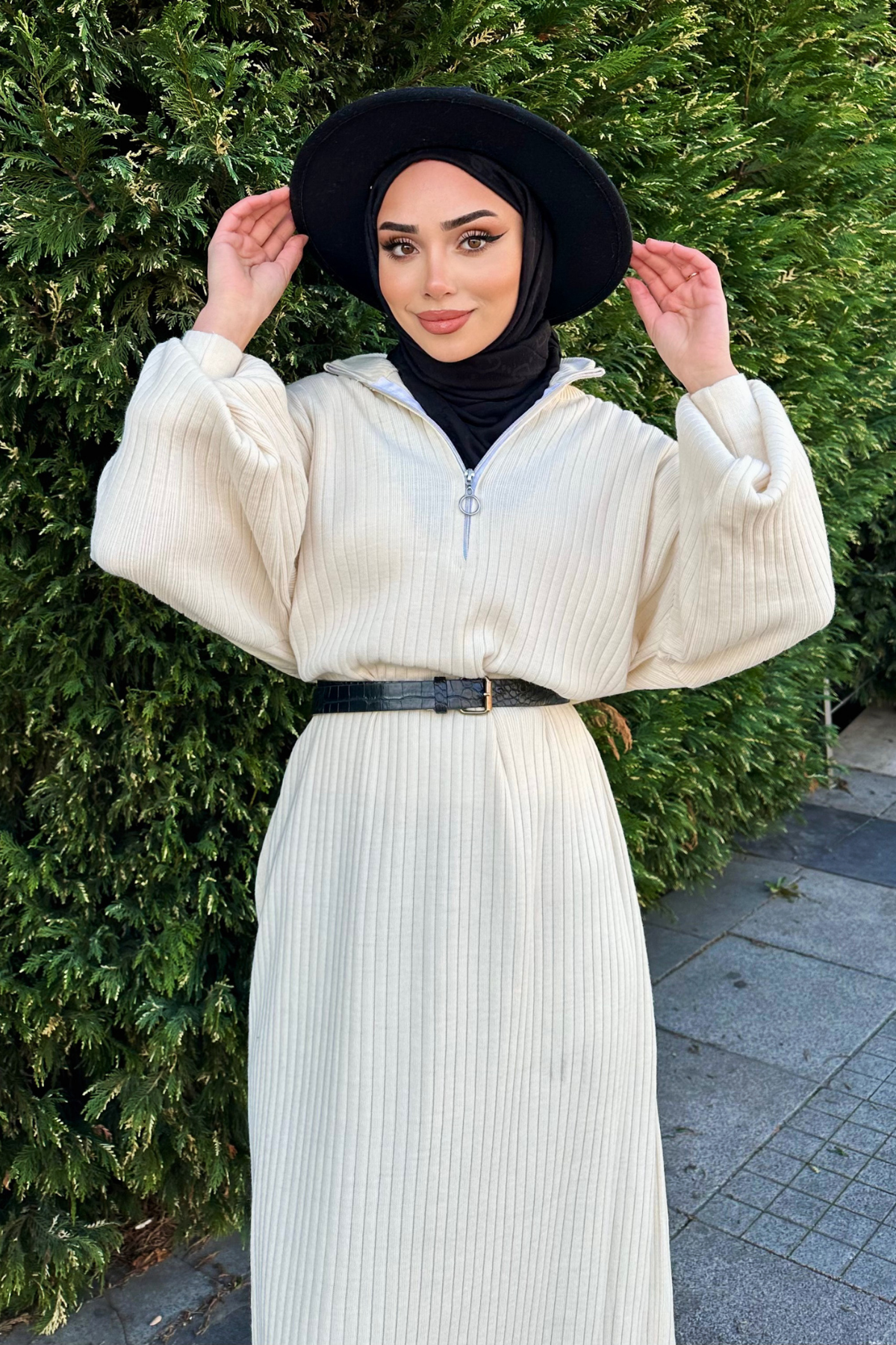 Fermuarlı Balon Kol Triko Elbise BEJ