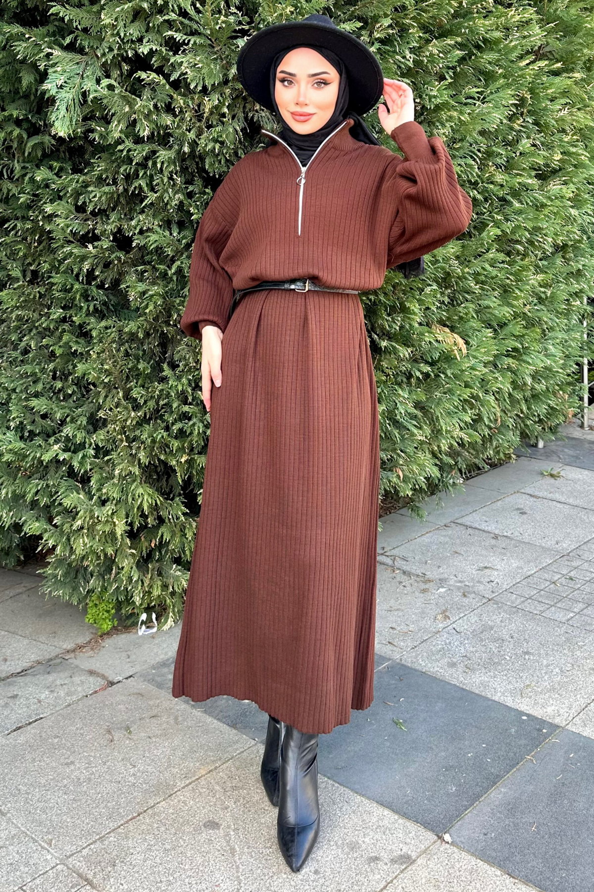 Fermuarlı Balon Kol Triko Elbise KAHVE