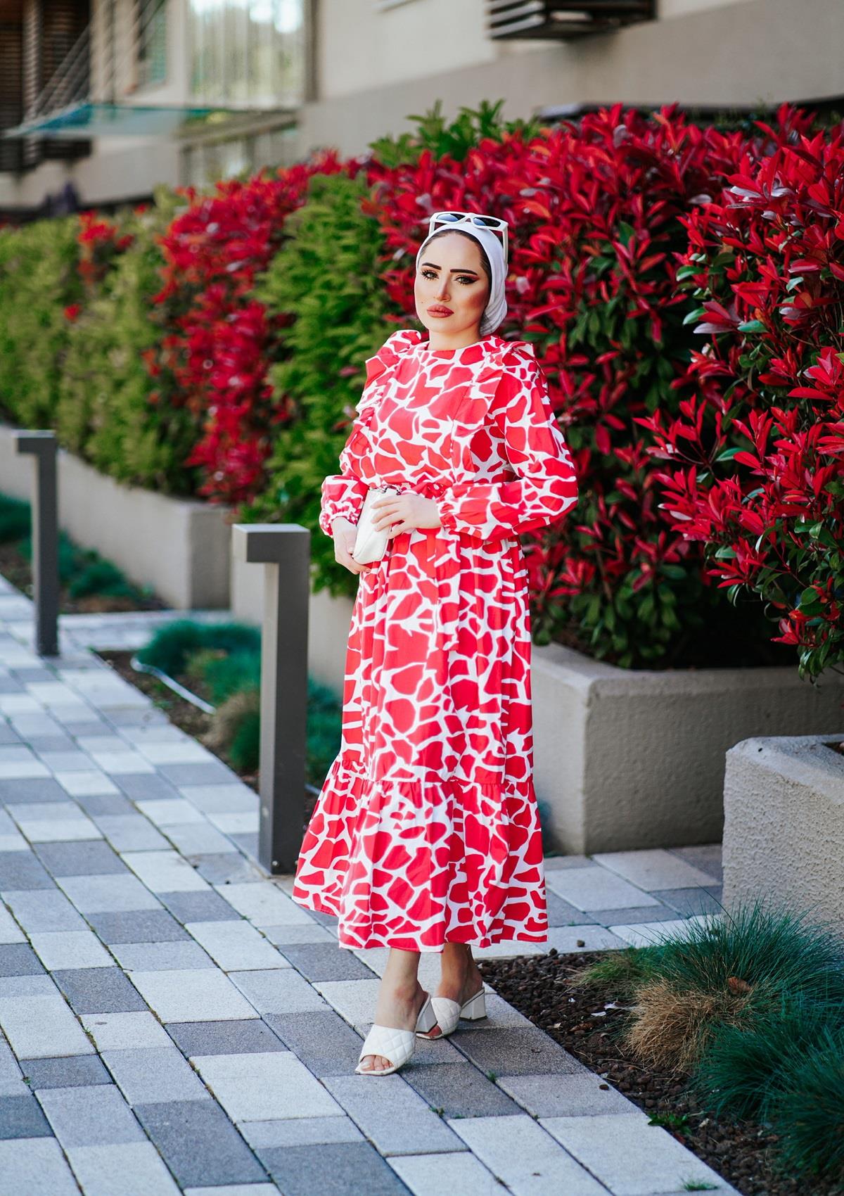 Geometrik Cotton Elbise Kırmızı