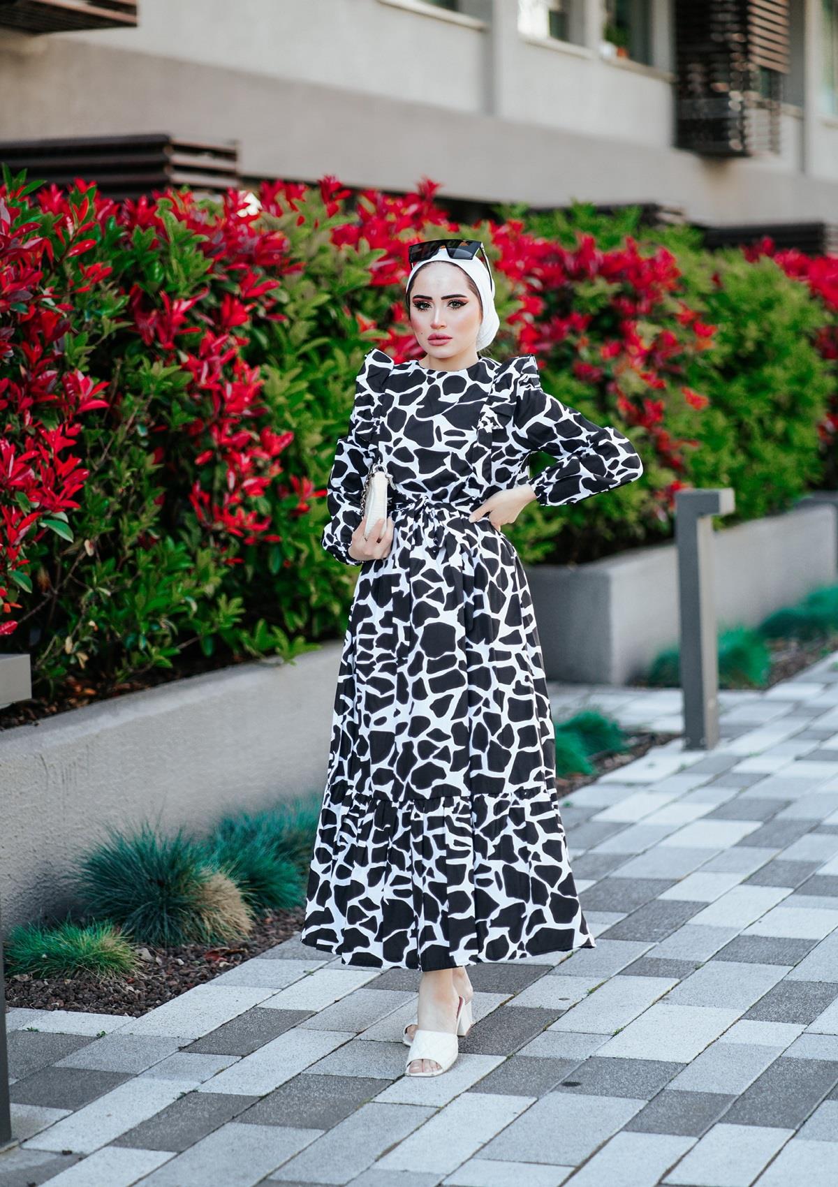 Geometrik Cotton Elbise Siyah