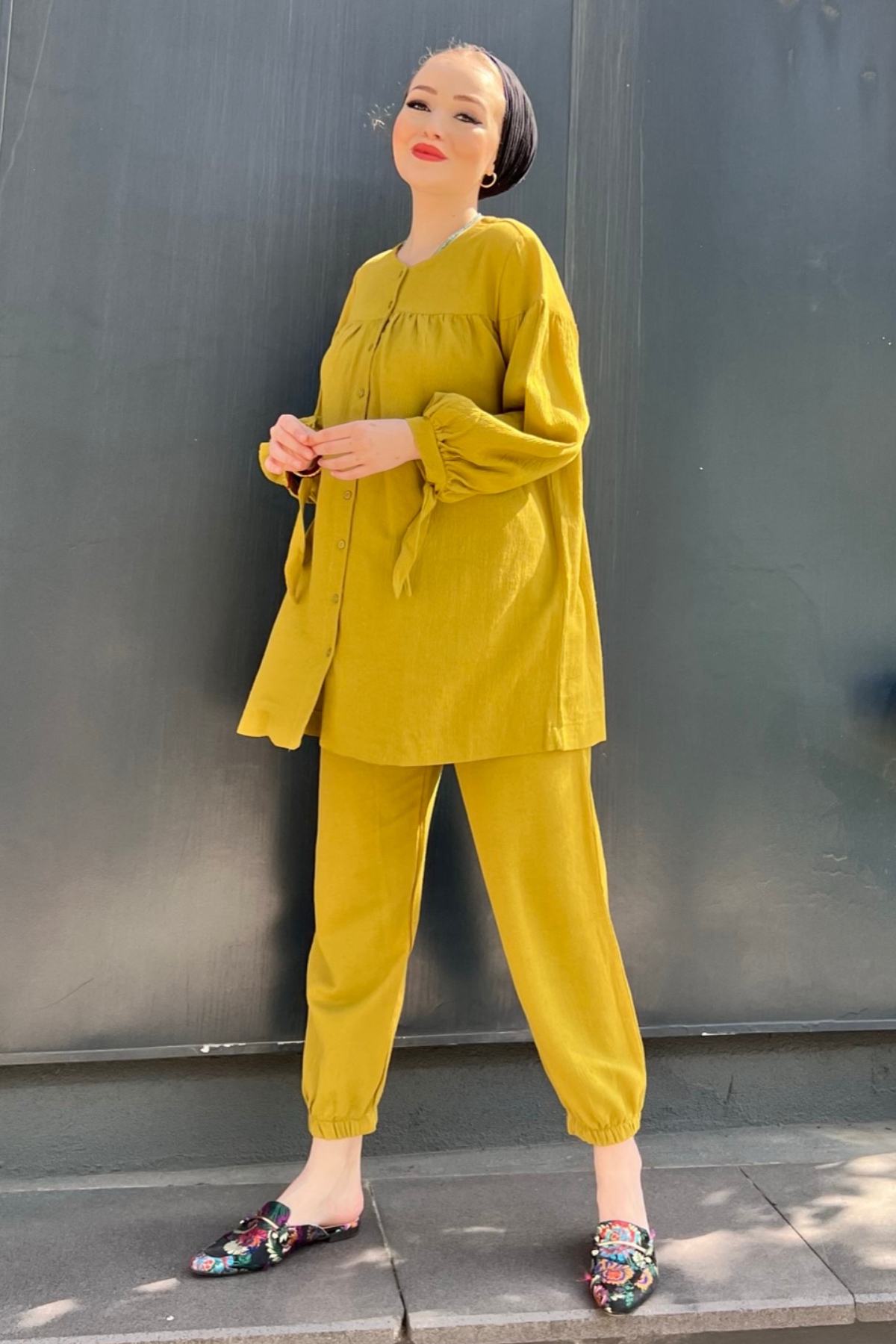 Kol Bağcıklı Müslin Takım YAĞ YEŞİLİ