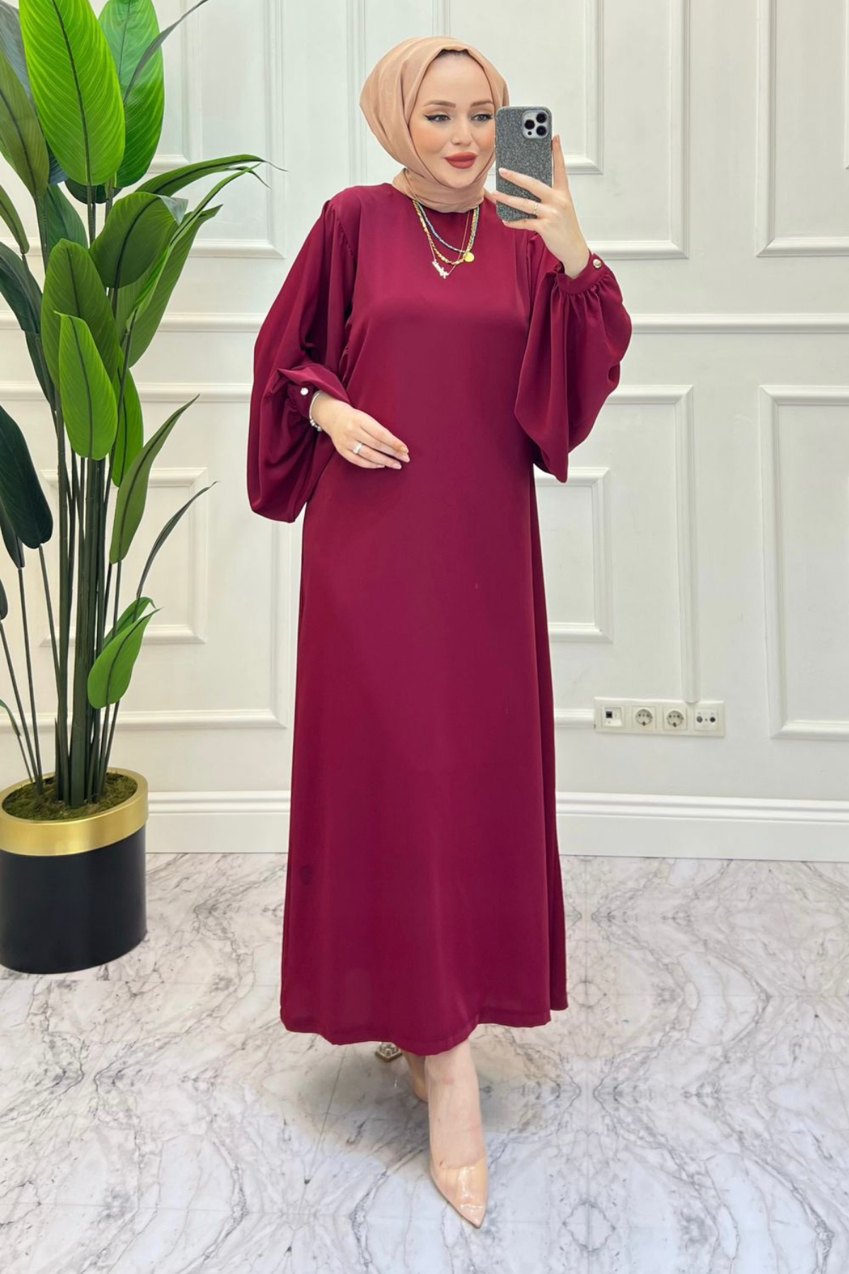 Meri Dubai Krep Elbise BORDO