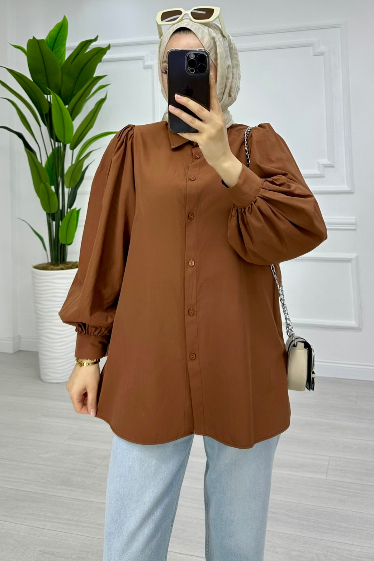 Milan Balon Kol Gömlek KAHVE