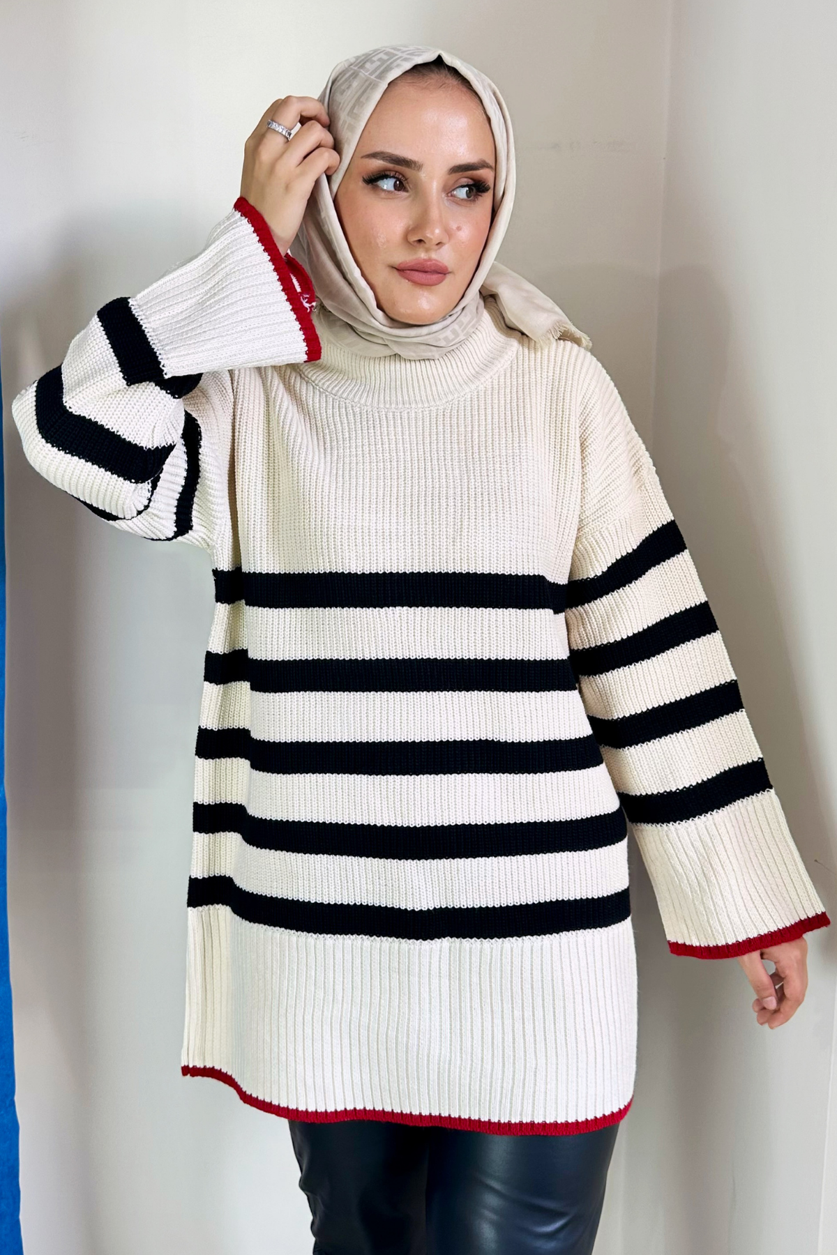 Pinta Çizgili Triko Kazak BEYAZ