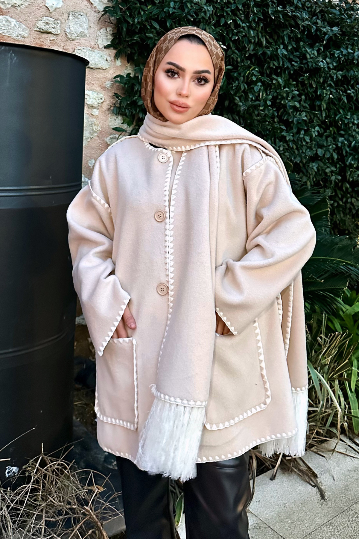 Pinterest Atkılı Kaşe Kaban BEJ