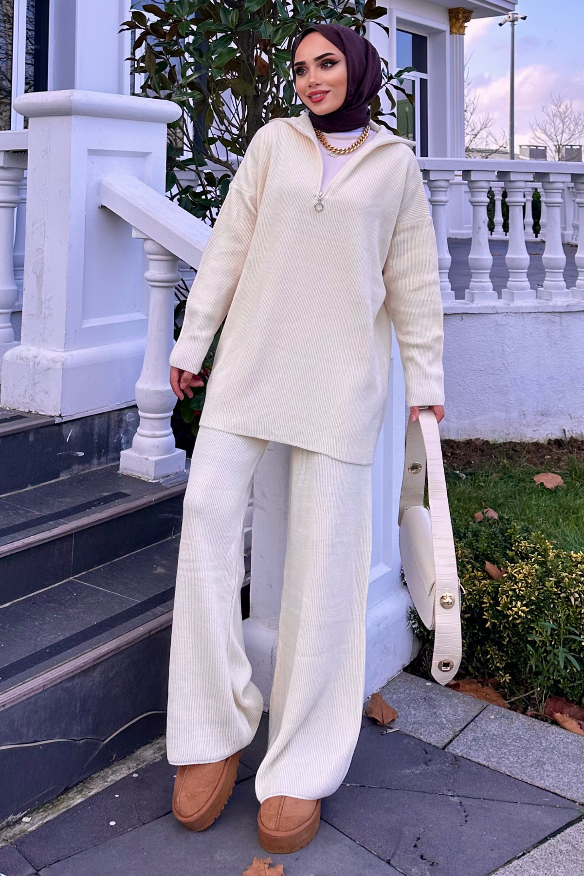 Premium Fermuarlı Triko Takım BEJ