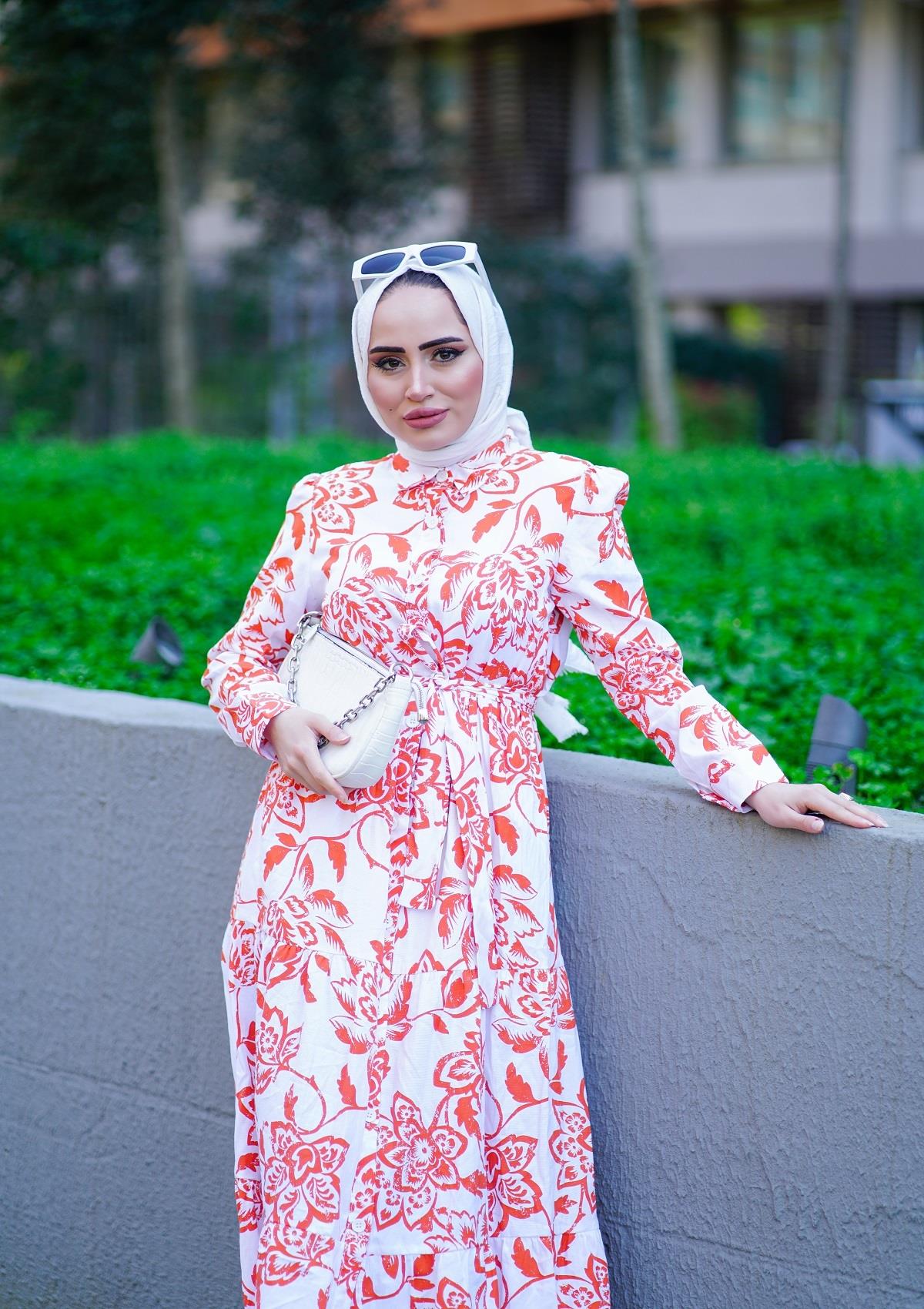 Soft Çiçekli Cotton Elbise Turuncu