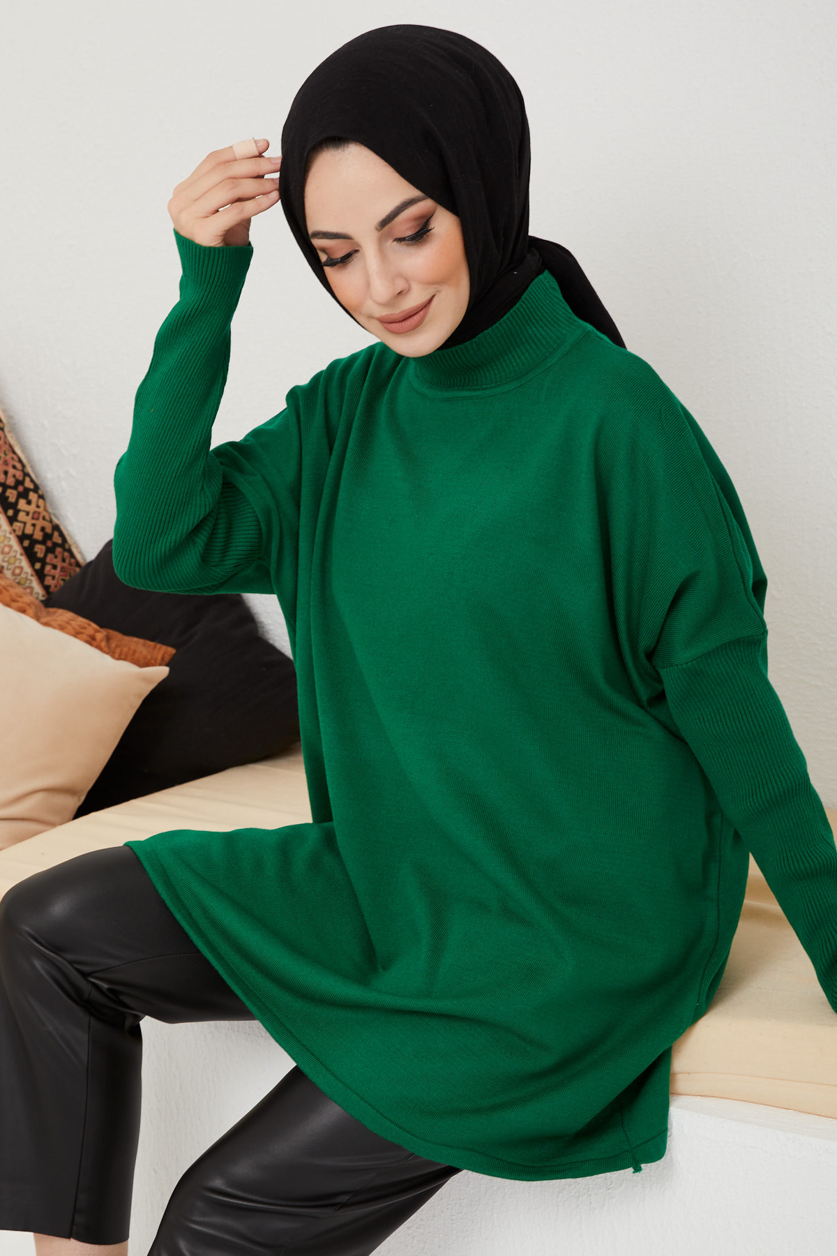 Yarım Boğazlı Panço Kazak YEŞİL