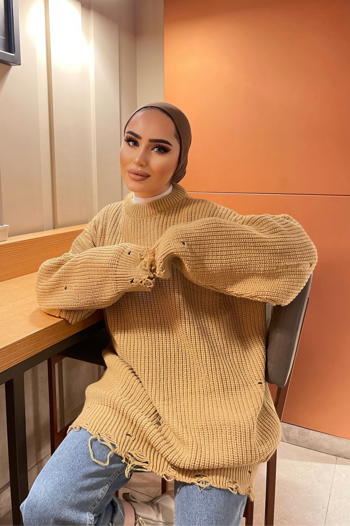 Yırtık Detay Triko Kazak CAMEL