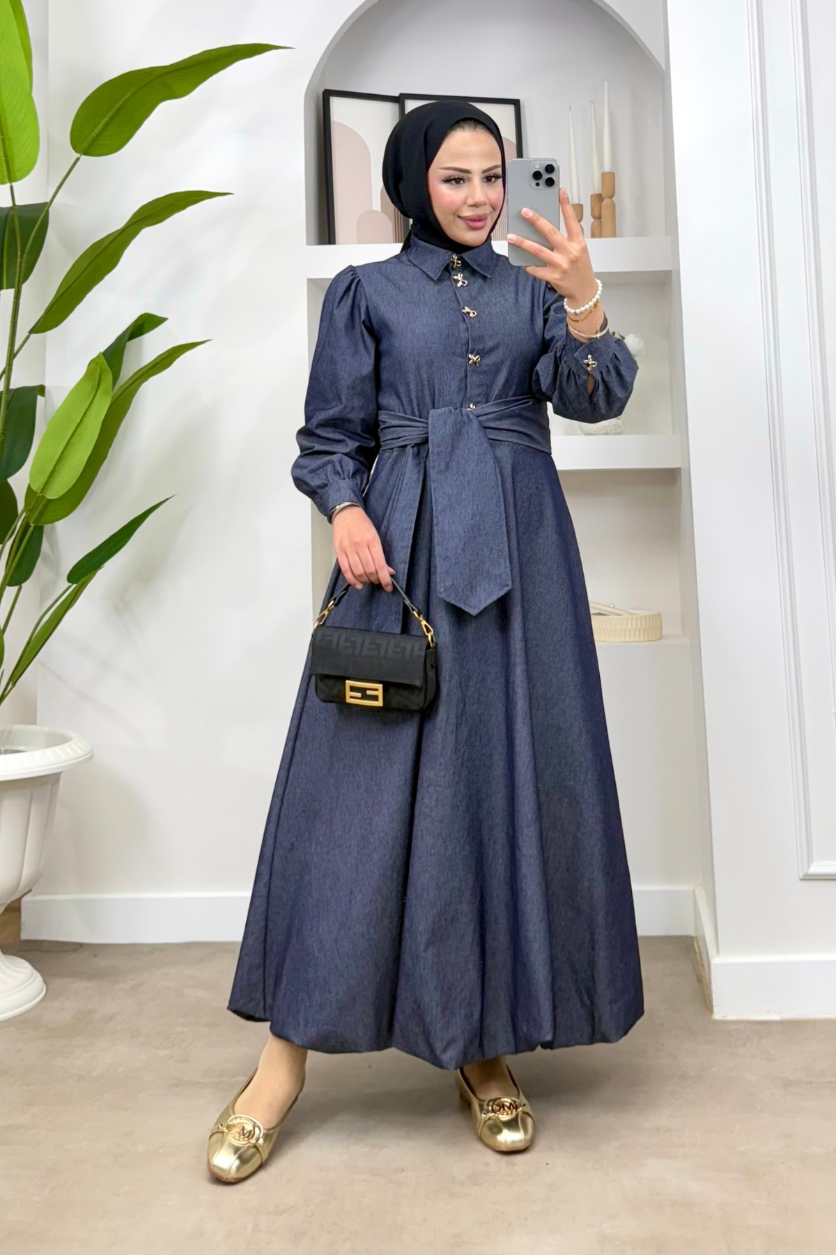 Lara Fiyonk Düğmeli Kot Elbise