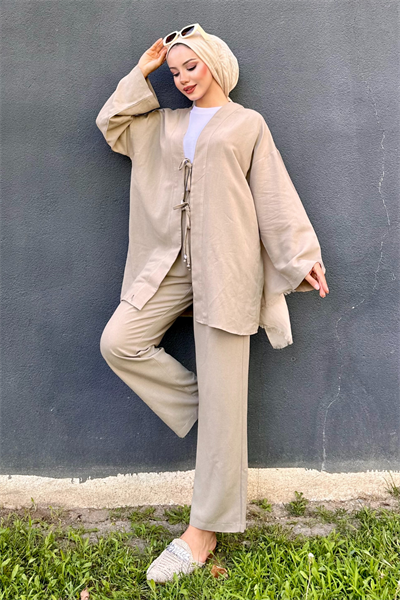 Ham Keten Kimono Takım KOYU BEJ