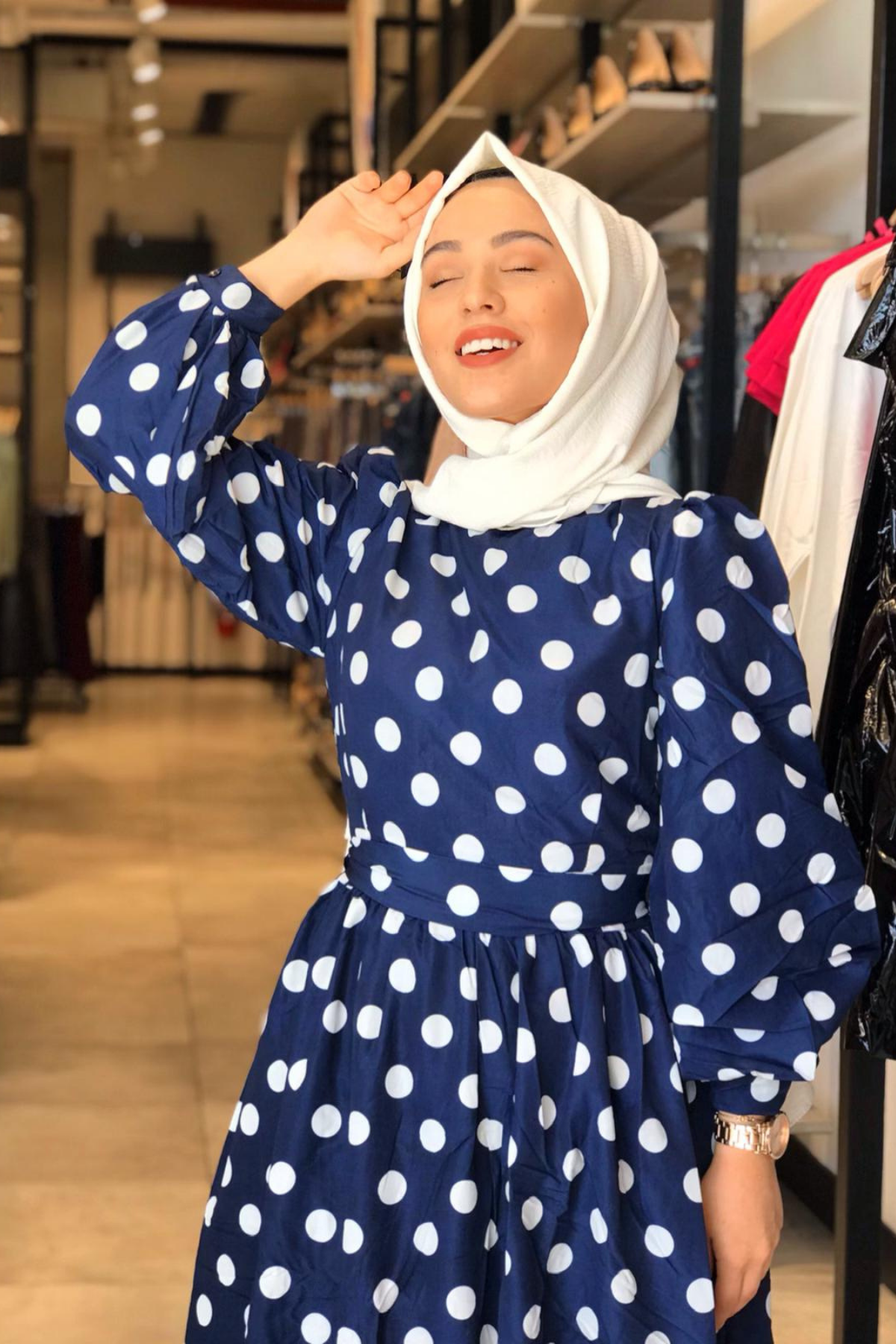 Astarlı Puantiye Vual Elbise Lacivert