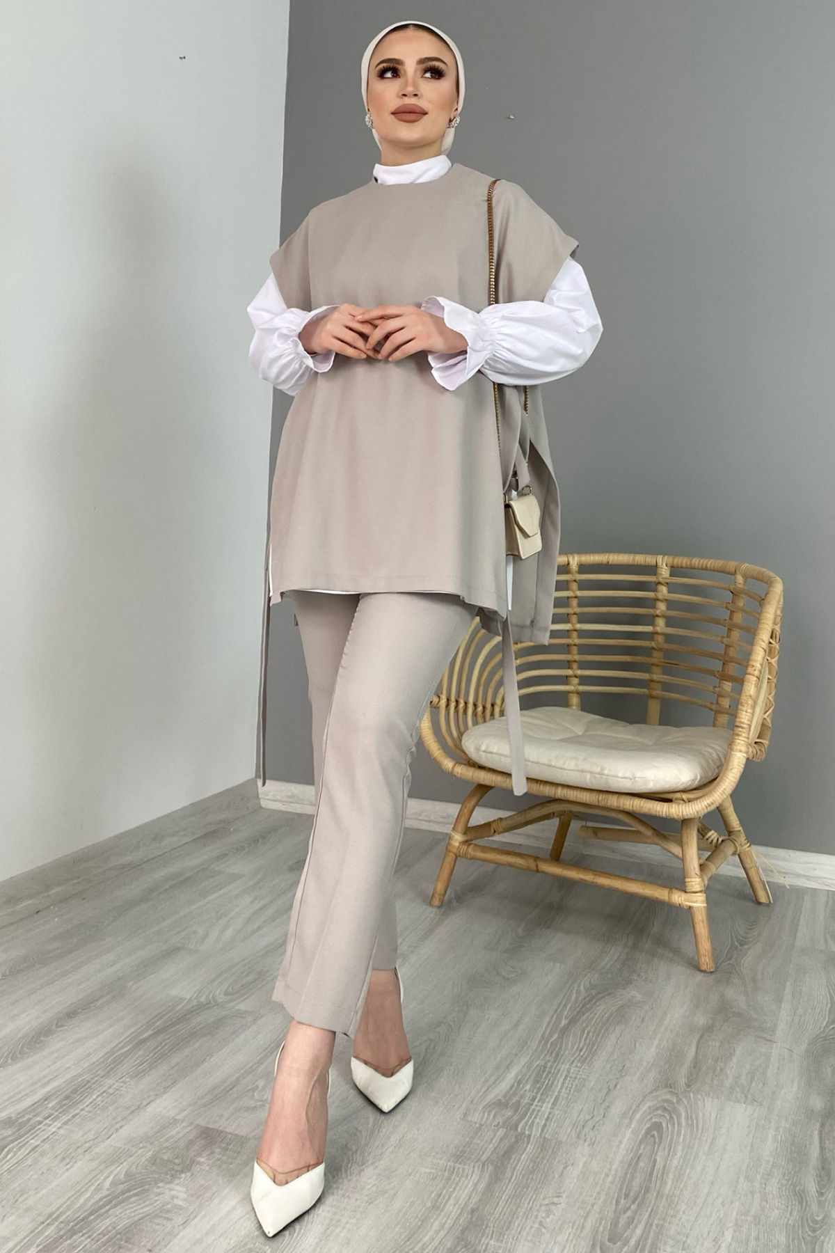 Bağcıklı Süveterli Krep Takım GRİ