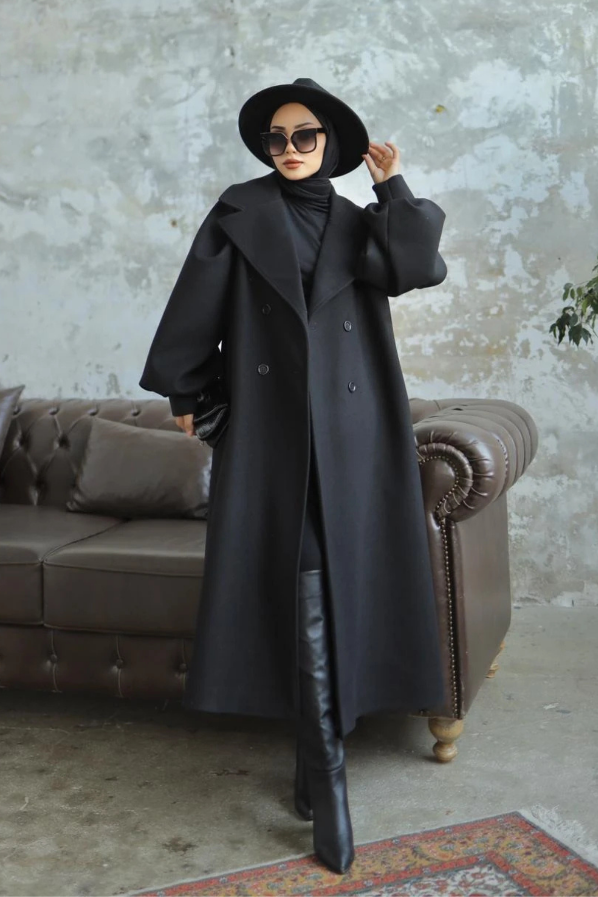 Balon Kol Premium Kaşe Kaban SİYAH