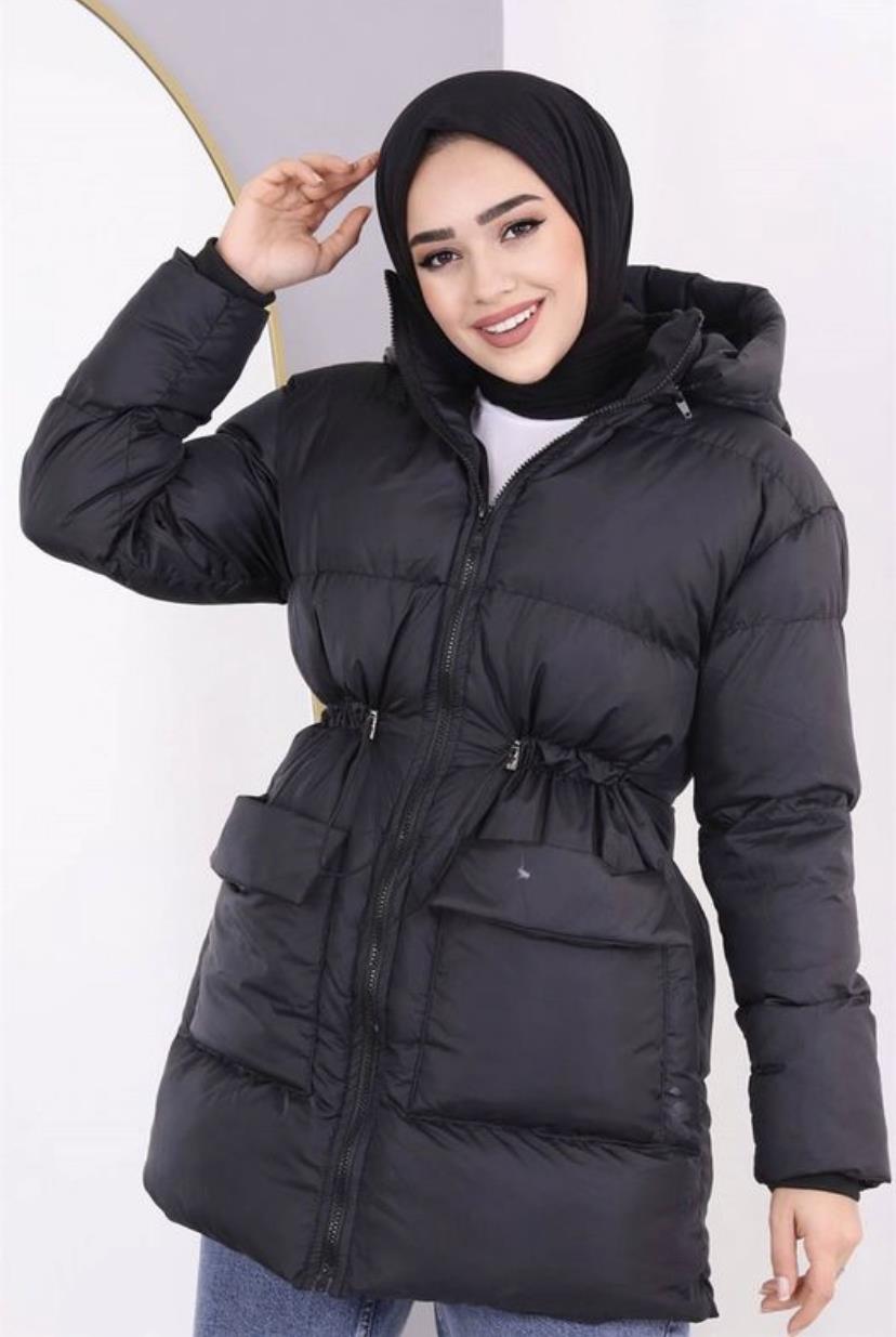 Beli Büzgülü Mont Siyah