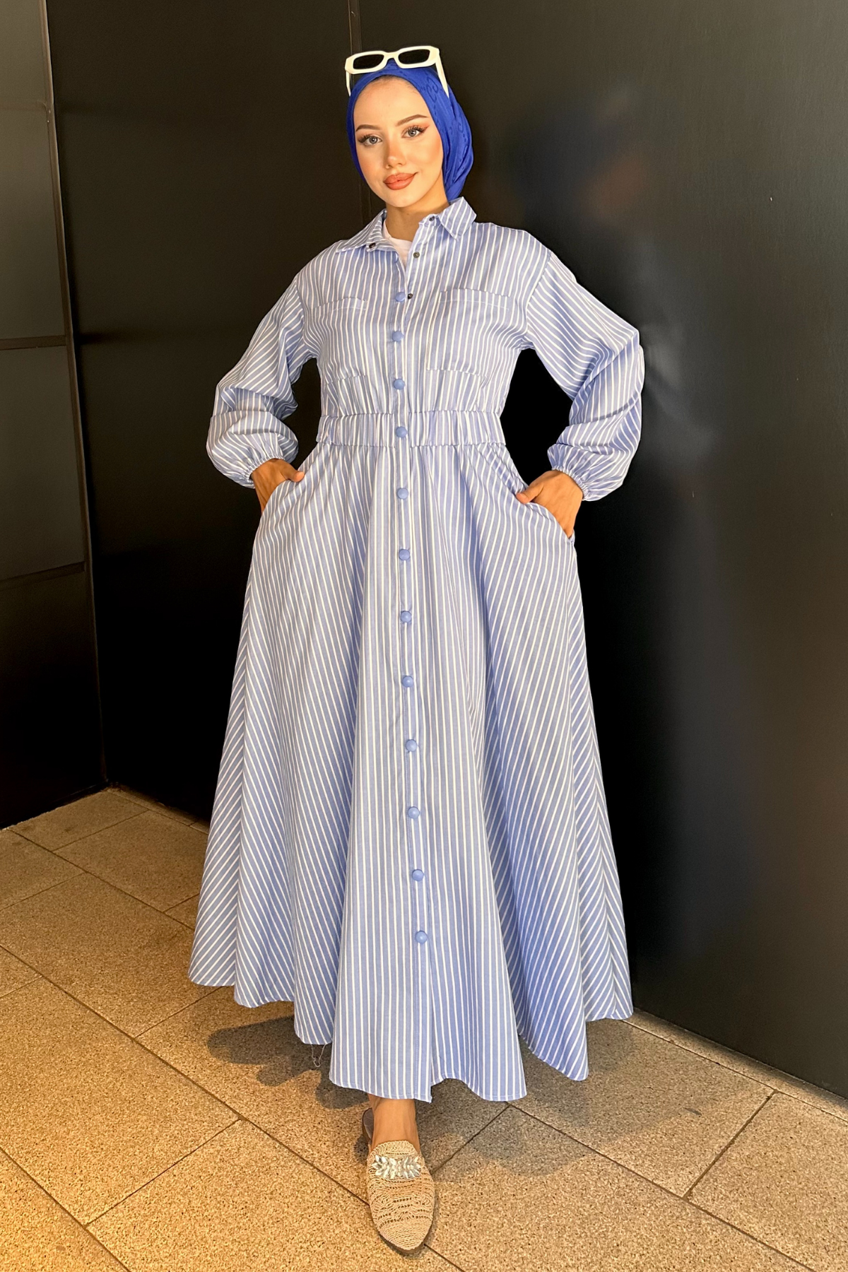 Beymn Çıtçıtlı Cotton Elbise ÇİZGİ-MAVİ