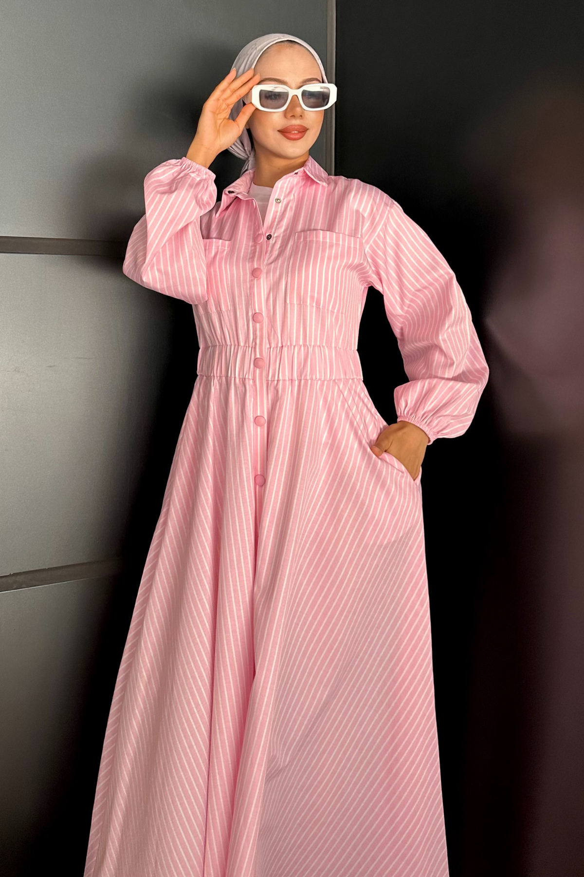 Beymn Çıtçıtlı Cotton Elbise ÇİZGİ-PEMBE