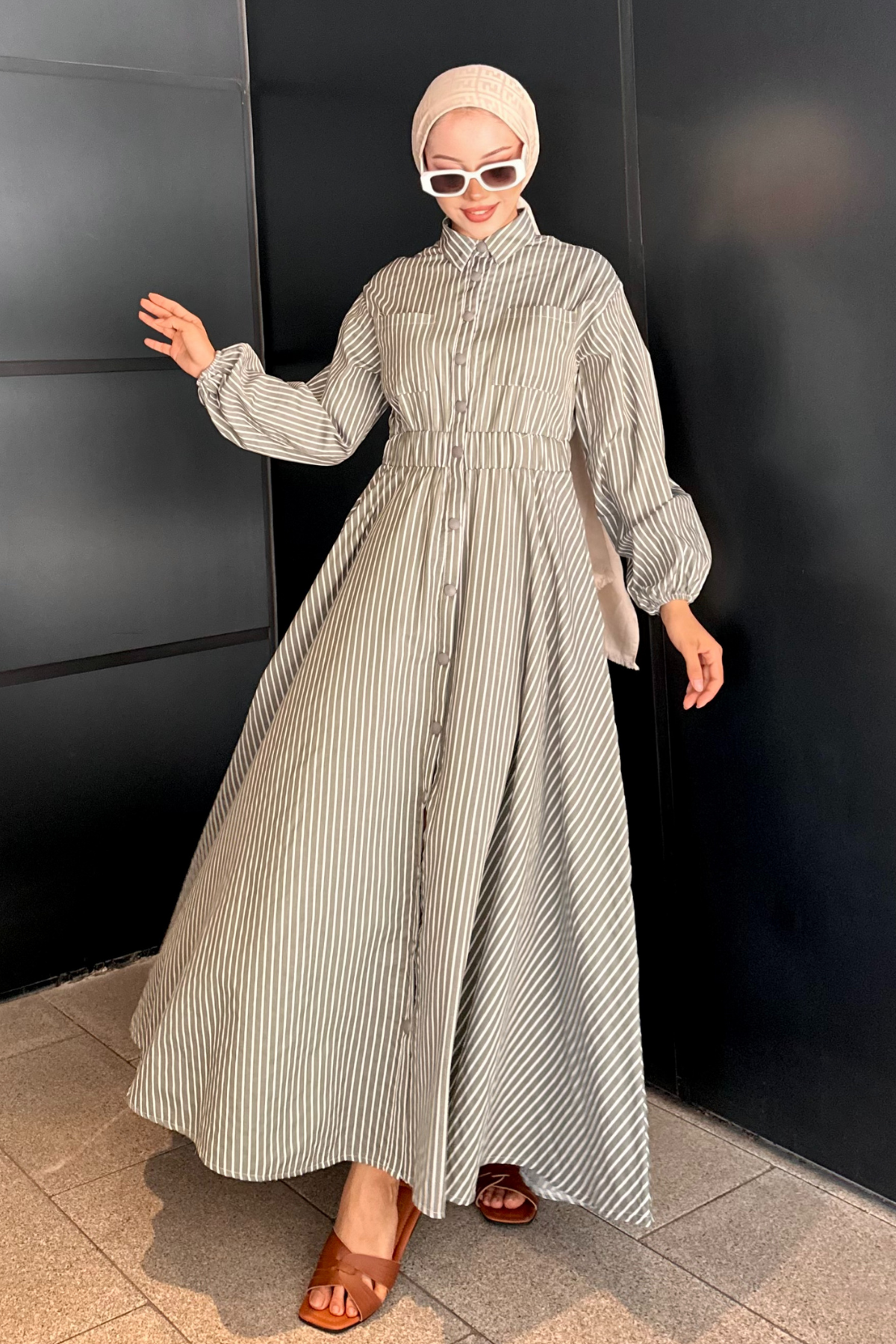 Beymn Çıtçıtlı Cotton Elbise ÇİZGİ-YEŞİL