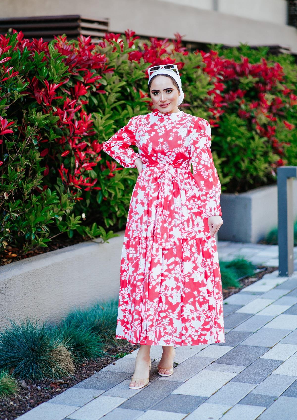 Çiçekli Cotton Elbise Kırmızı