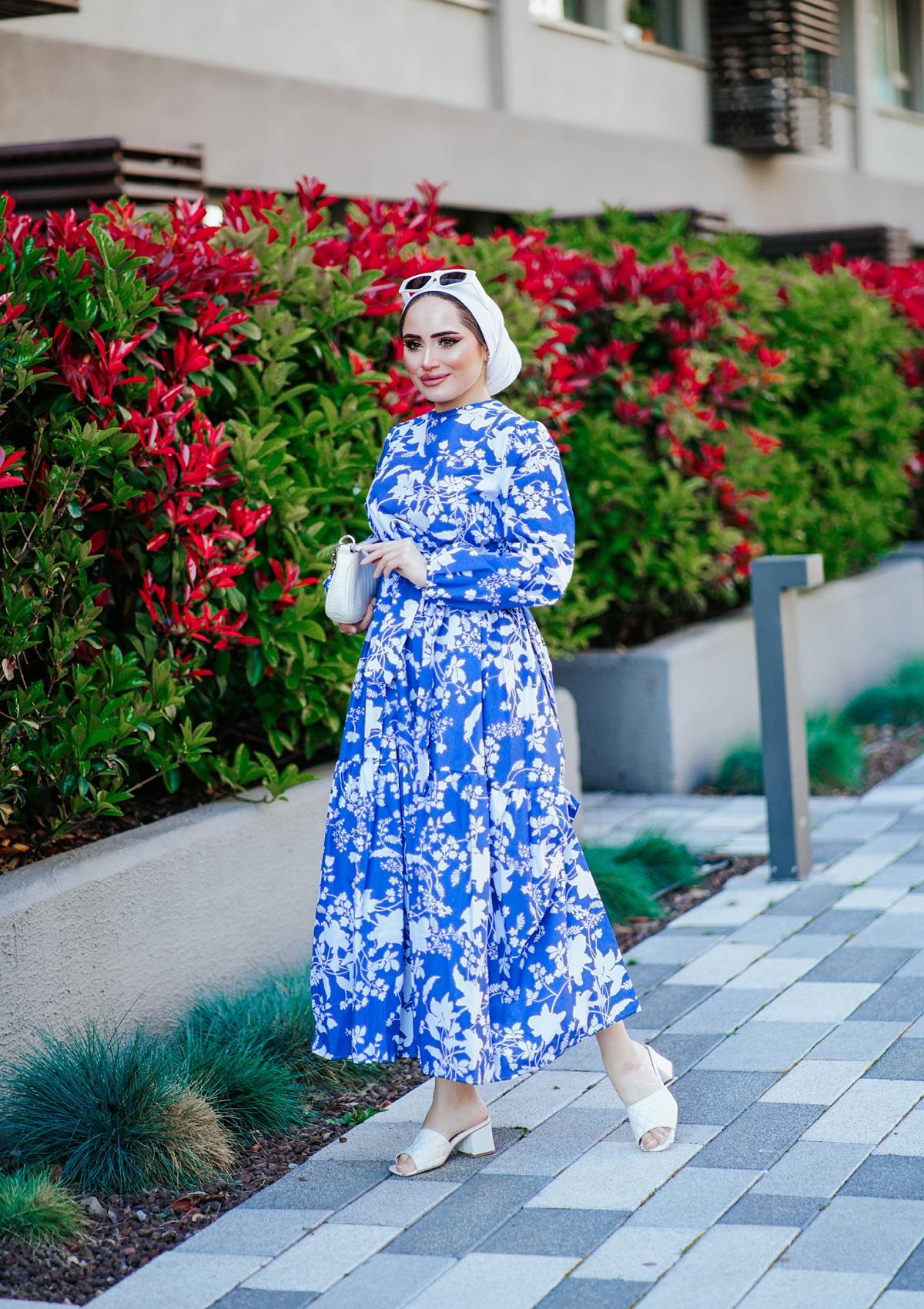 Çiçekli Cotton Elbise Mavi