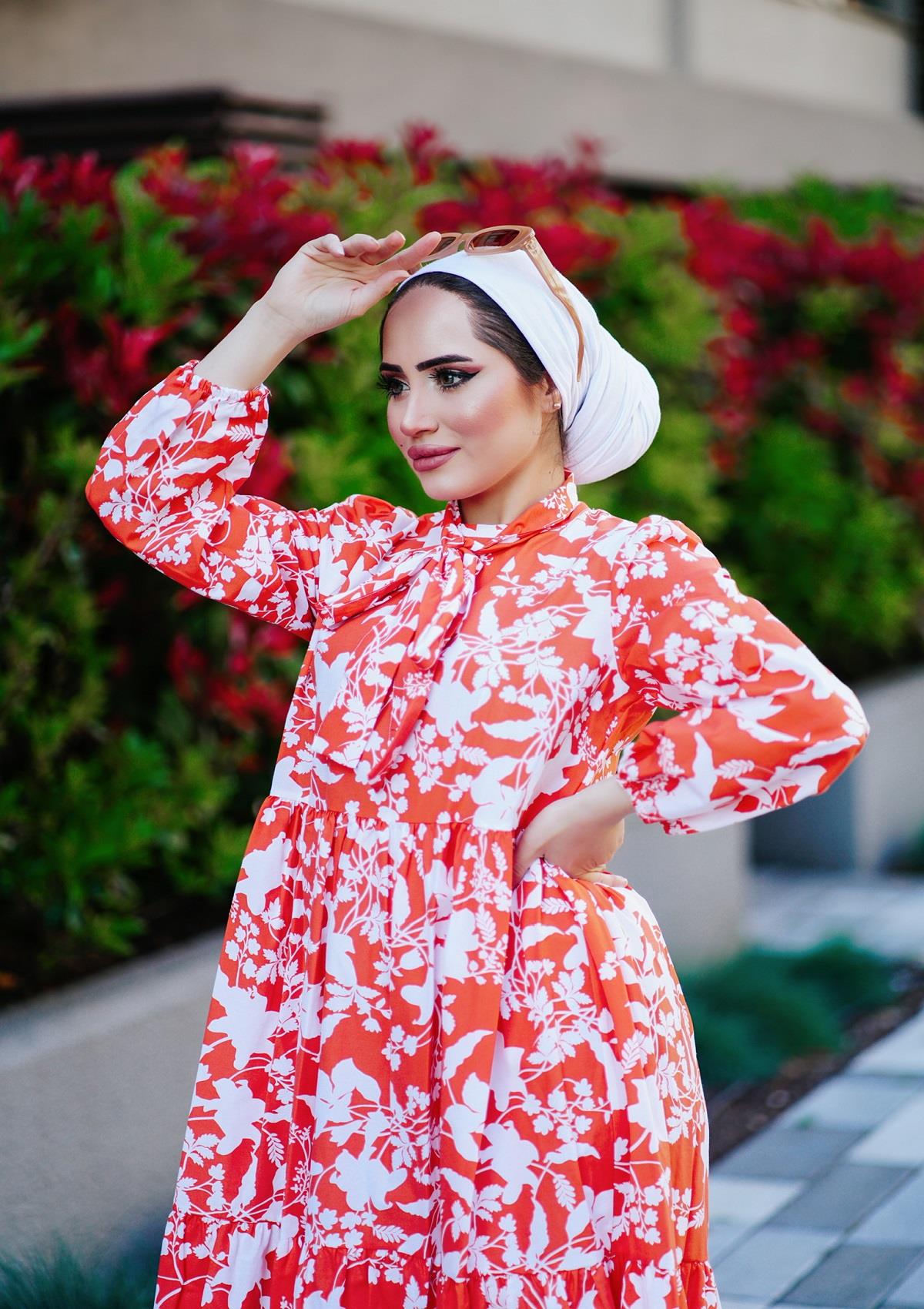 Çiçekli Cotton Elbise Turuncu