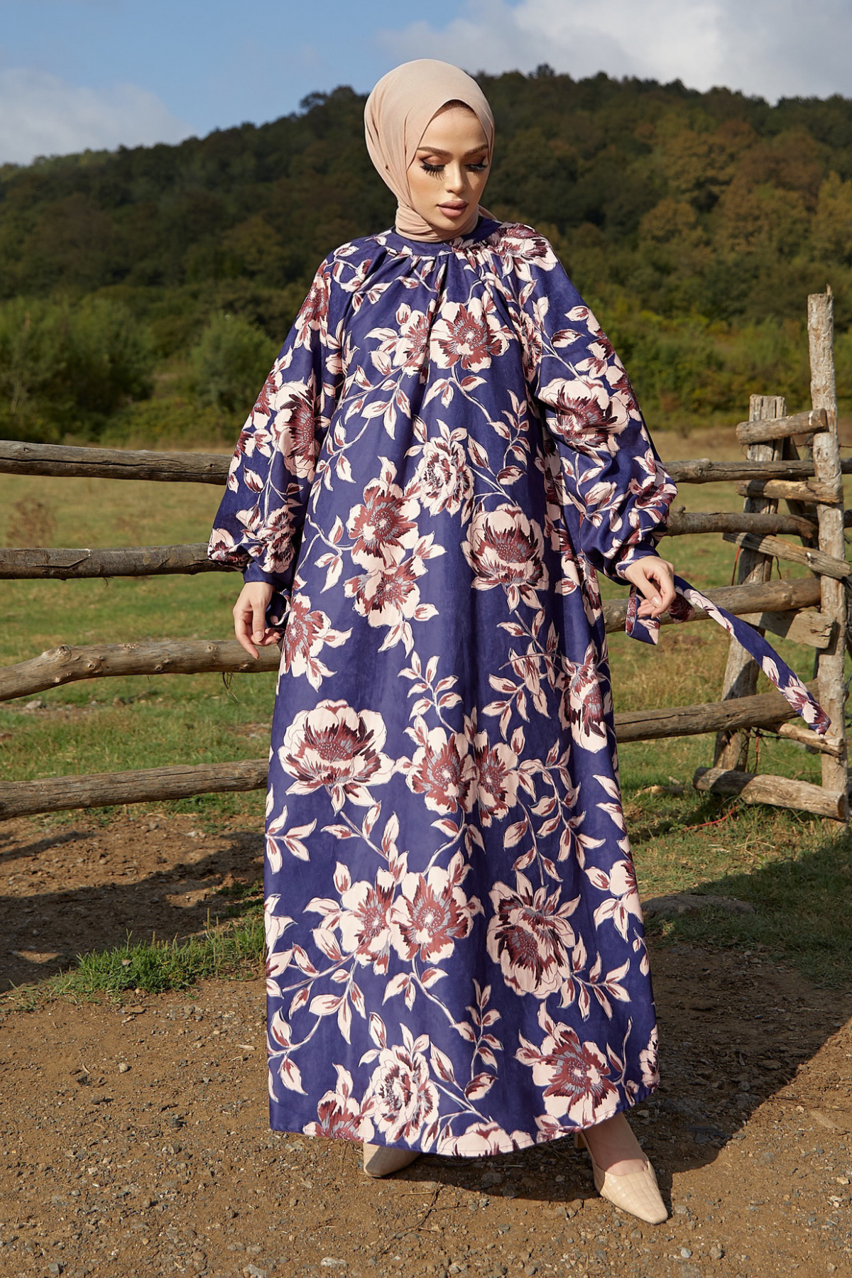 Çiçekli Süet Elbise LACİVERT