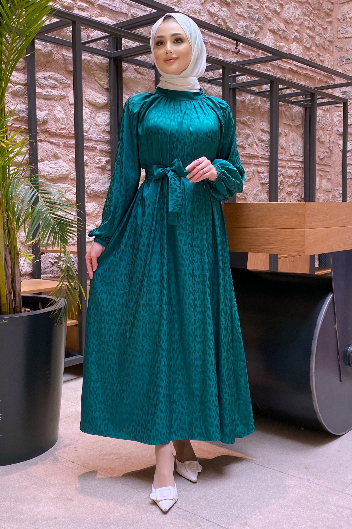 Desenli Saten Elbise YEŞİL