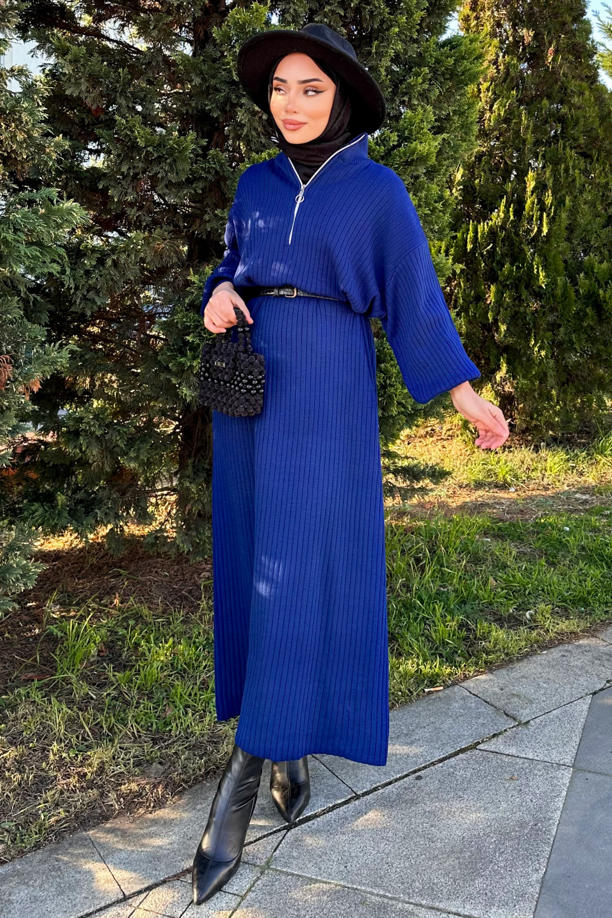 Fermuarlı Balon Kol Triko Elbise LACİVERT