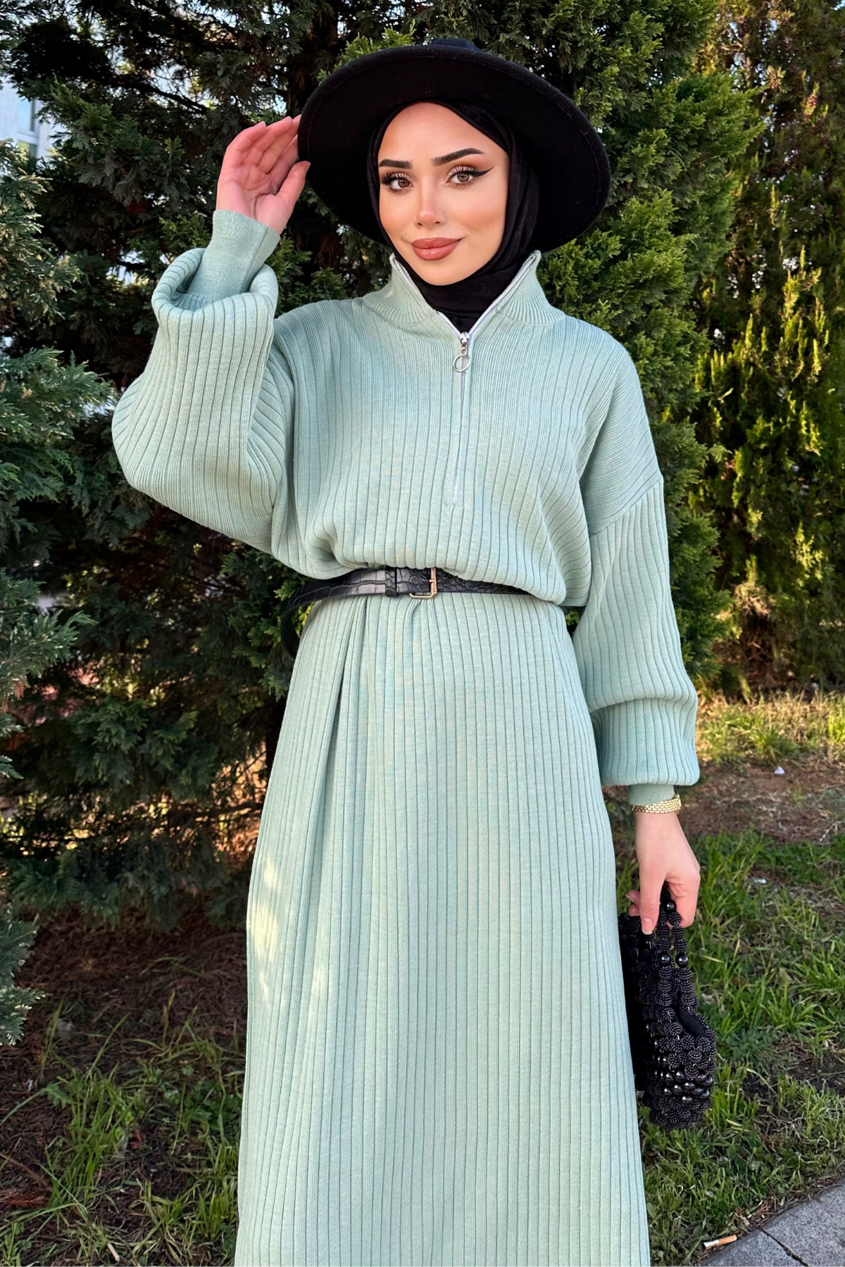 Fermuarlı Balon Kol Triko Elbise MİNT