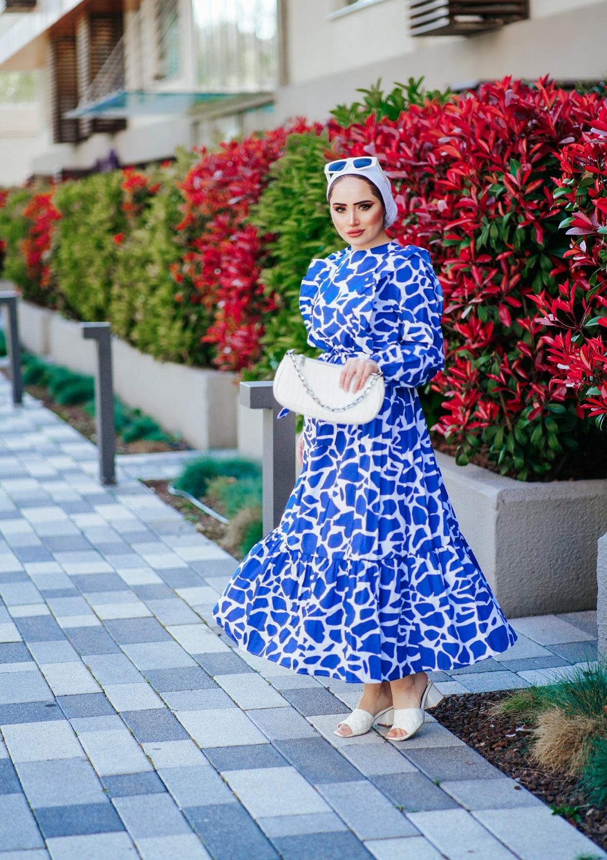 Geometrik Cotton Elbise Mavi