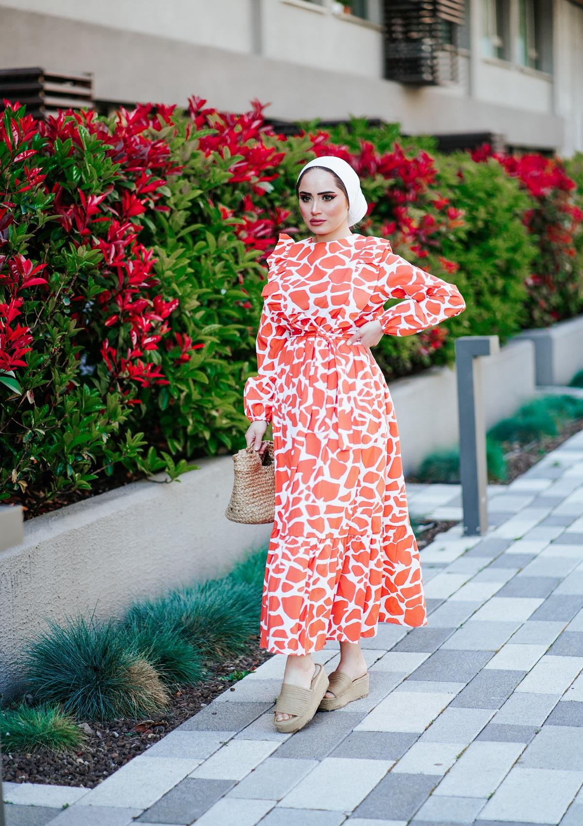 Geometrik Cotton Elbise Turuncu